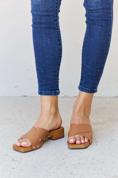 Weeboo Step Into Summer Criss Cross Wooden Clog Mule in Brown - GlowUp Garments
