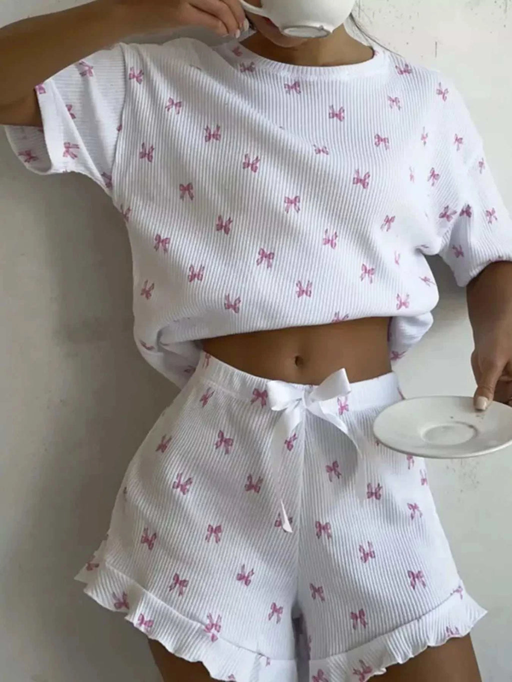 Ribbed Knit Bow Print Top and Shorts Lounge Set - GlowUp Garments