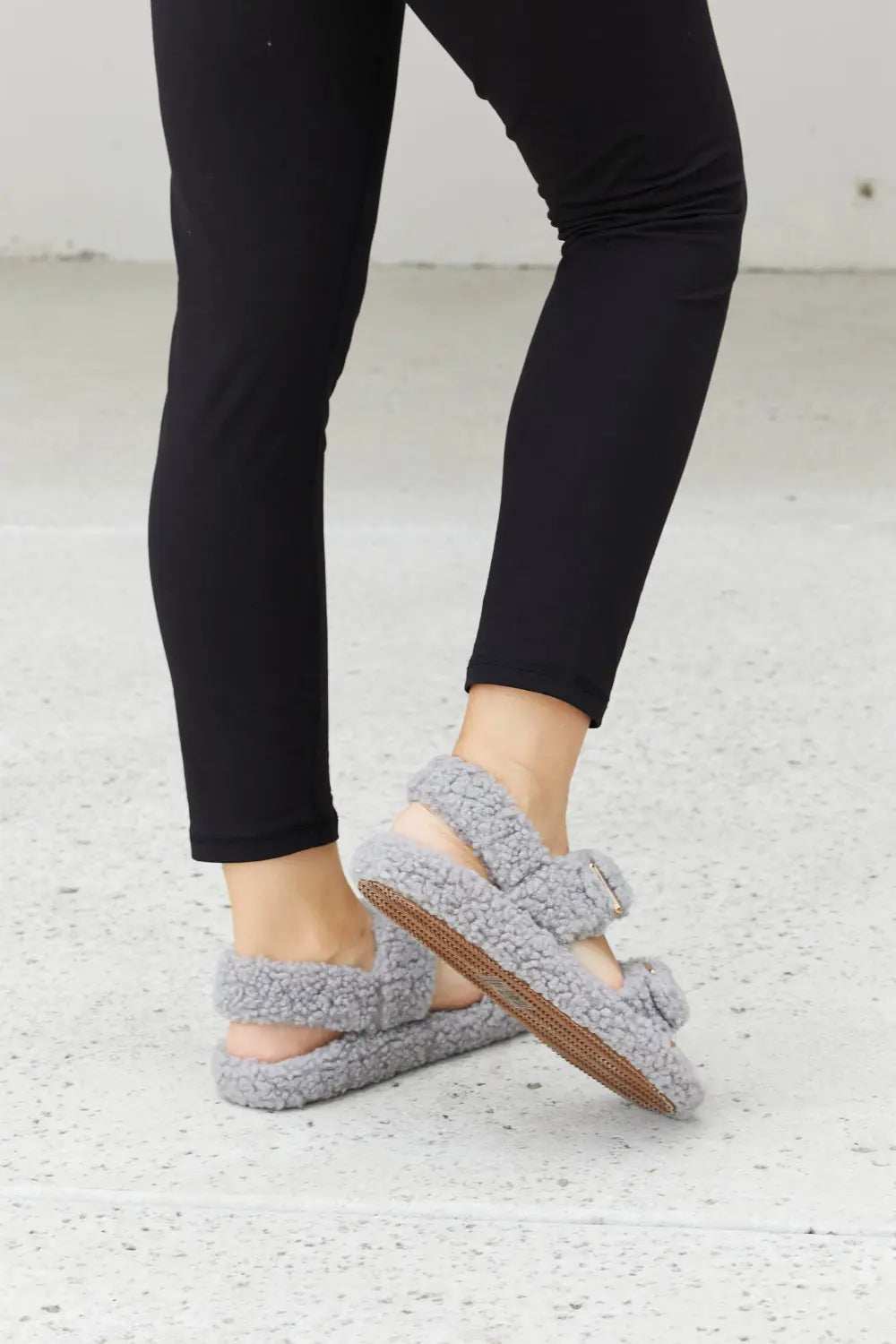 Qupid Cozy Atmosphere Faux Fur Buckled Sandals in Grey - GlowUp Garments