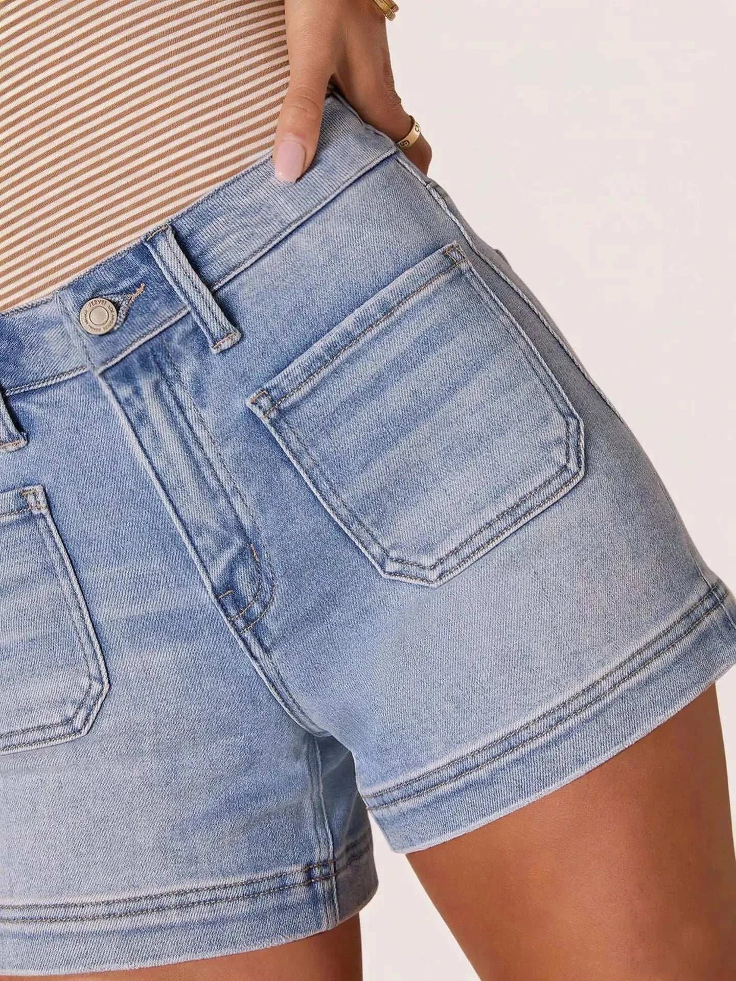 High-Waisted Pocketed Denim Shorts - GlowUp Garments