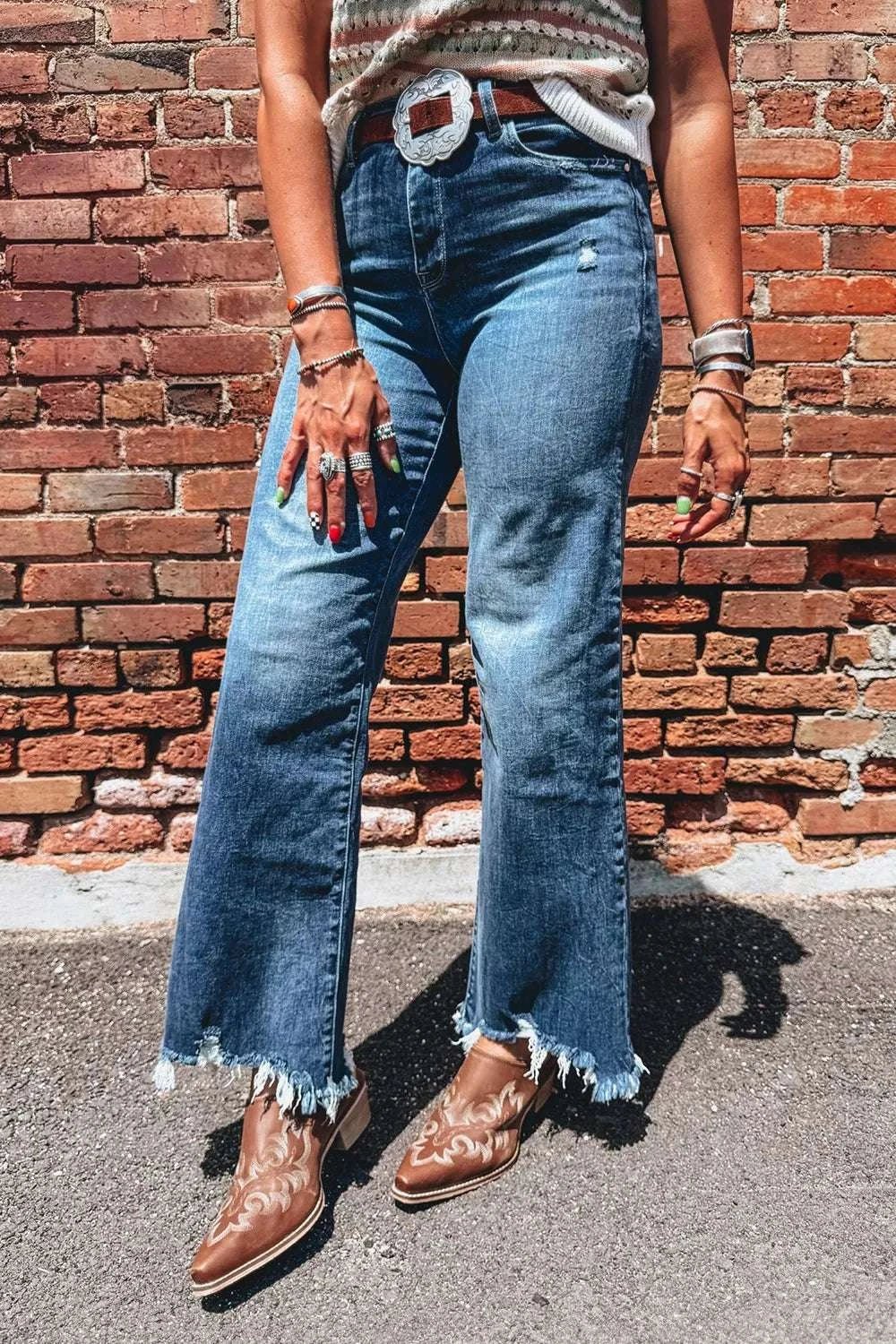 High Waist Frayed Hem Flare Jeans - GlowUp Garments