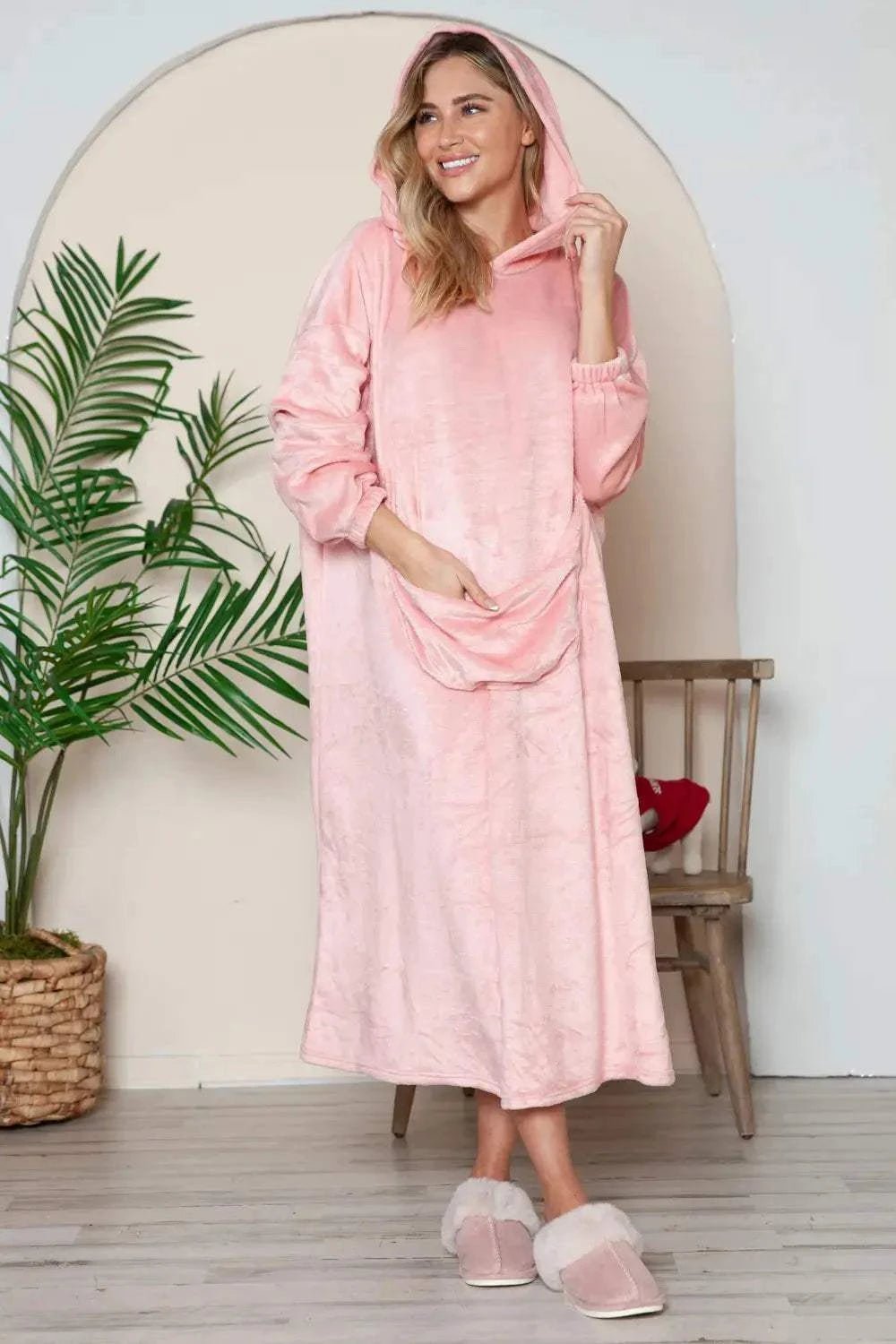 Double Take Full Size Pocketed Hooded Midi Lounge Dress - GlowUp Garments
