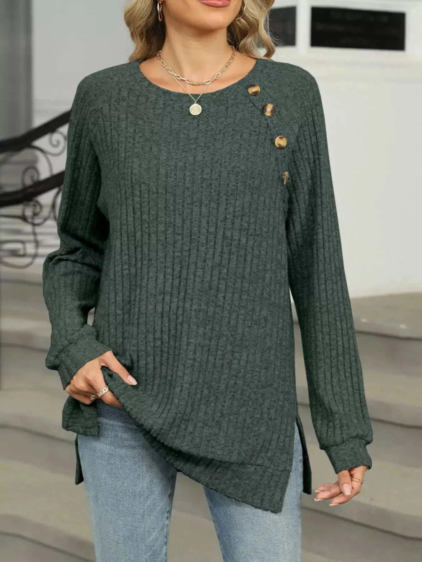 Round Neck Side Slit Ribbed Knit Top with Asymmetric Button Detail - GlowUp Garments