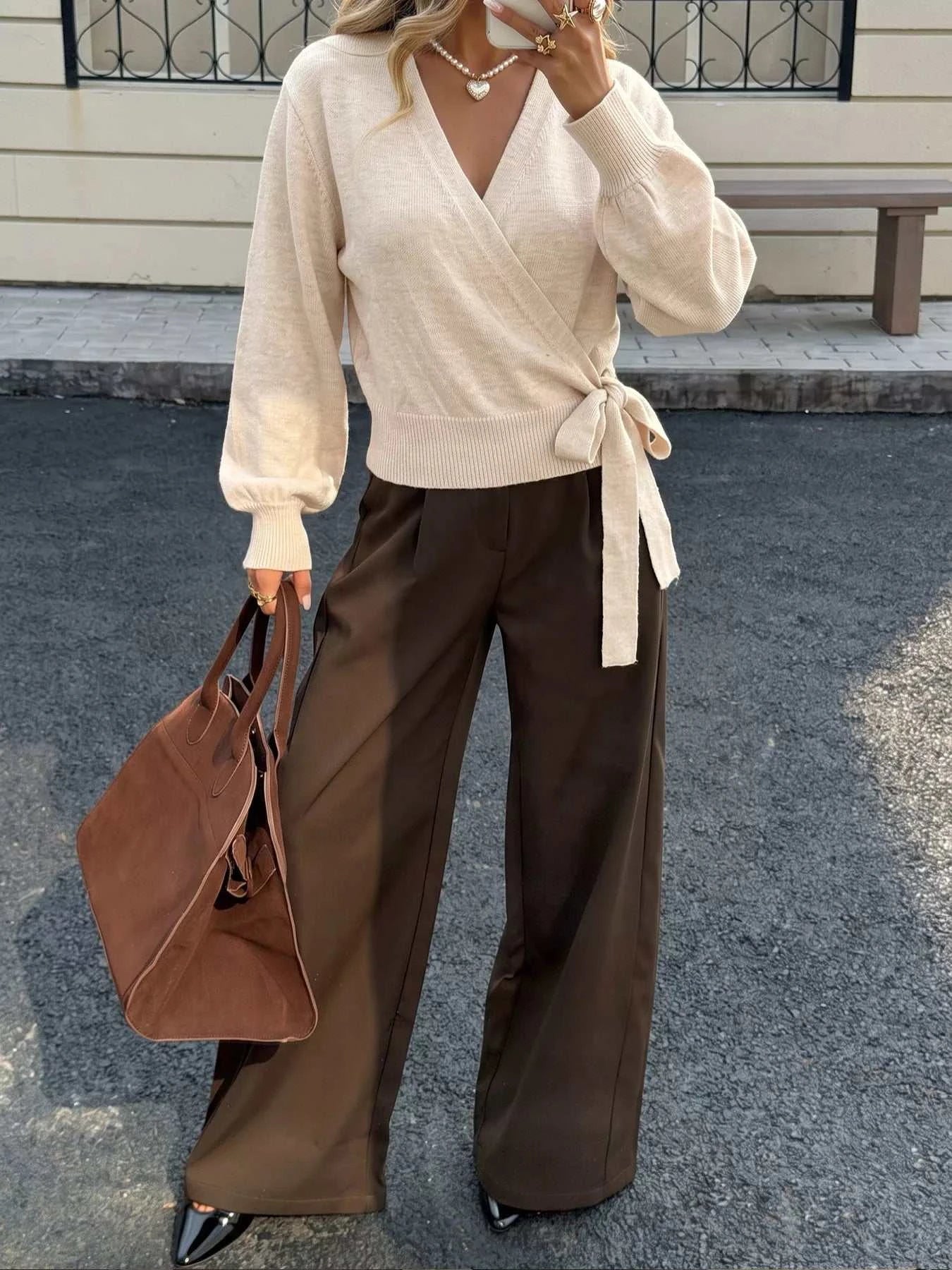Tied Surplice Long Sleeve Sweater - GlowUp Garments