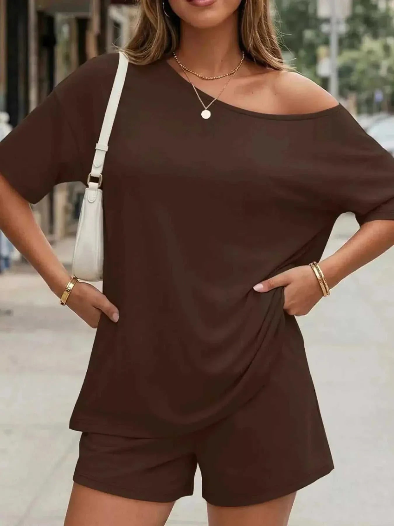 Full Size One Shoulder Top and Shorts Set Plus Size - GlowUp Garments