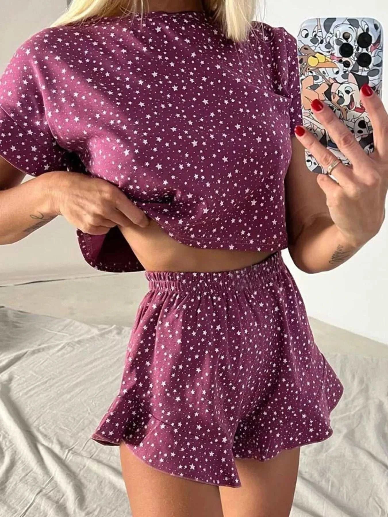 Printed Crop Top and Ruffled Shorts Lounge Set - GlowUp Garments