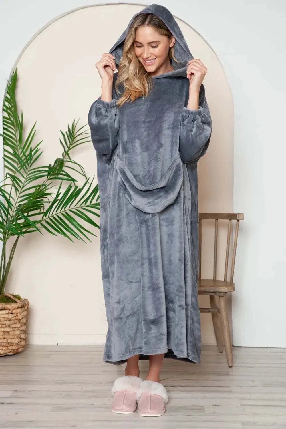 Double Take Full Size Pocketed Hooded Midi Lounge Dress - GlowUp Garments