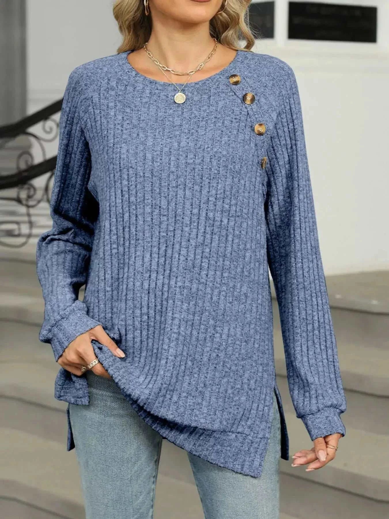 Round Neck Side Slit Ribbed Knit Top with Asymmetric Button Detail - GlowUp Garments