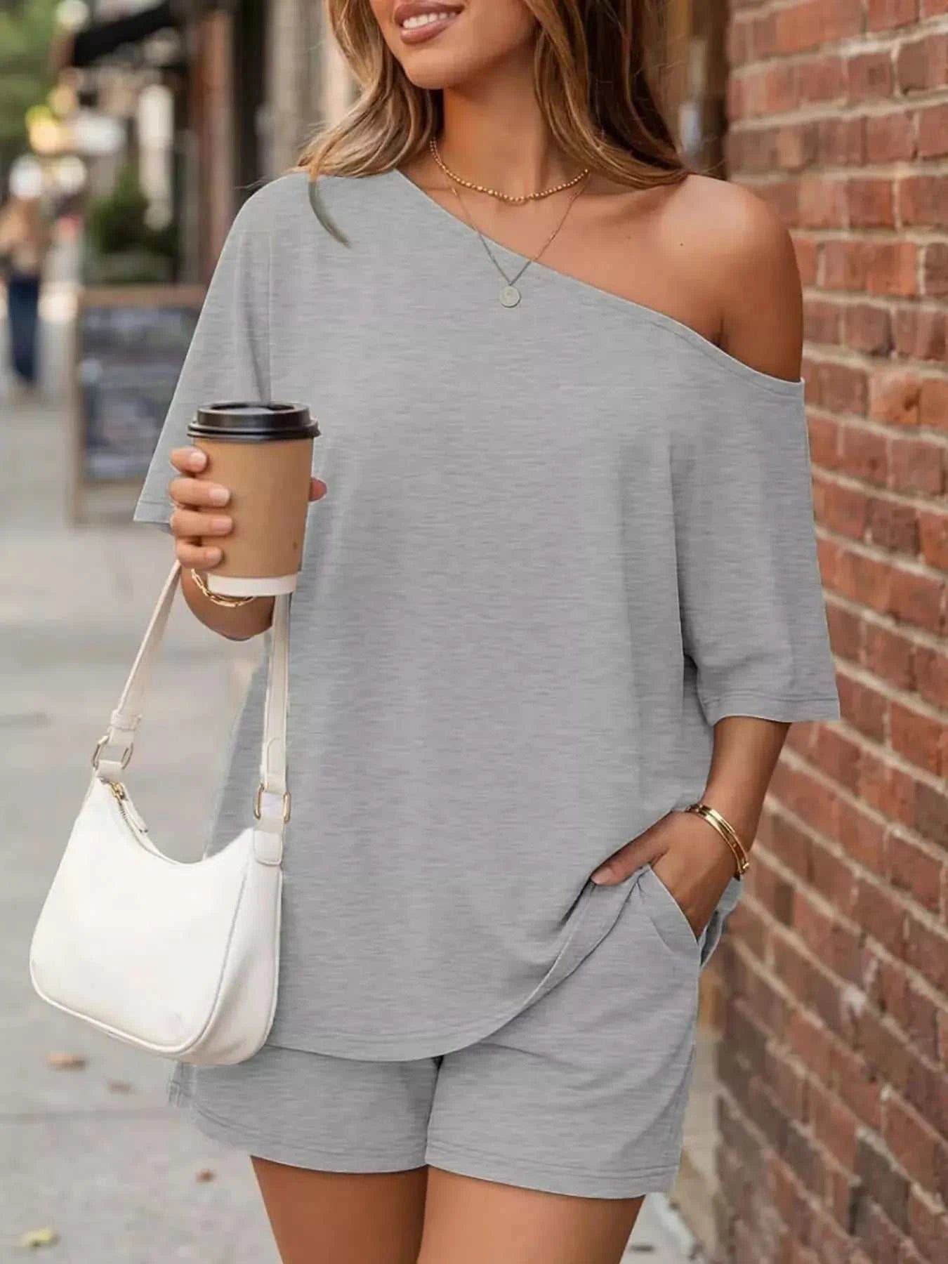 Full Size One Shoulder Top and Shorts Set Plus Size - GlowUp Garments