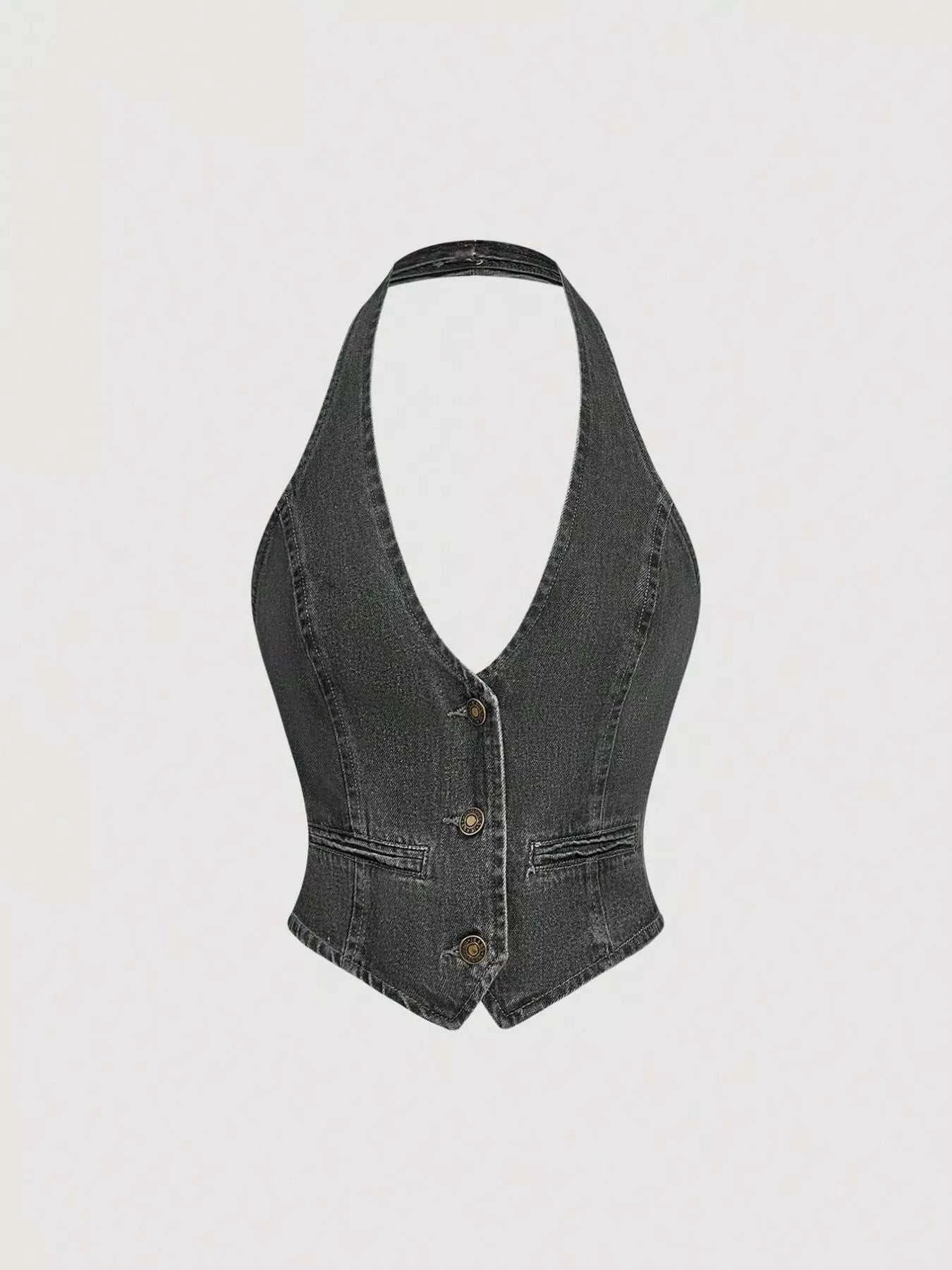 Halter Neck Denim Vest and Wide-Leg Jeans Set - GlowUp Garments