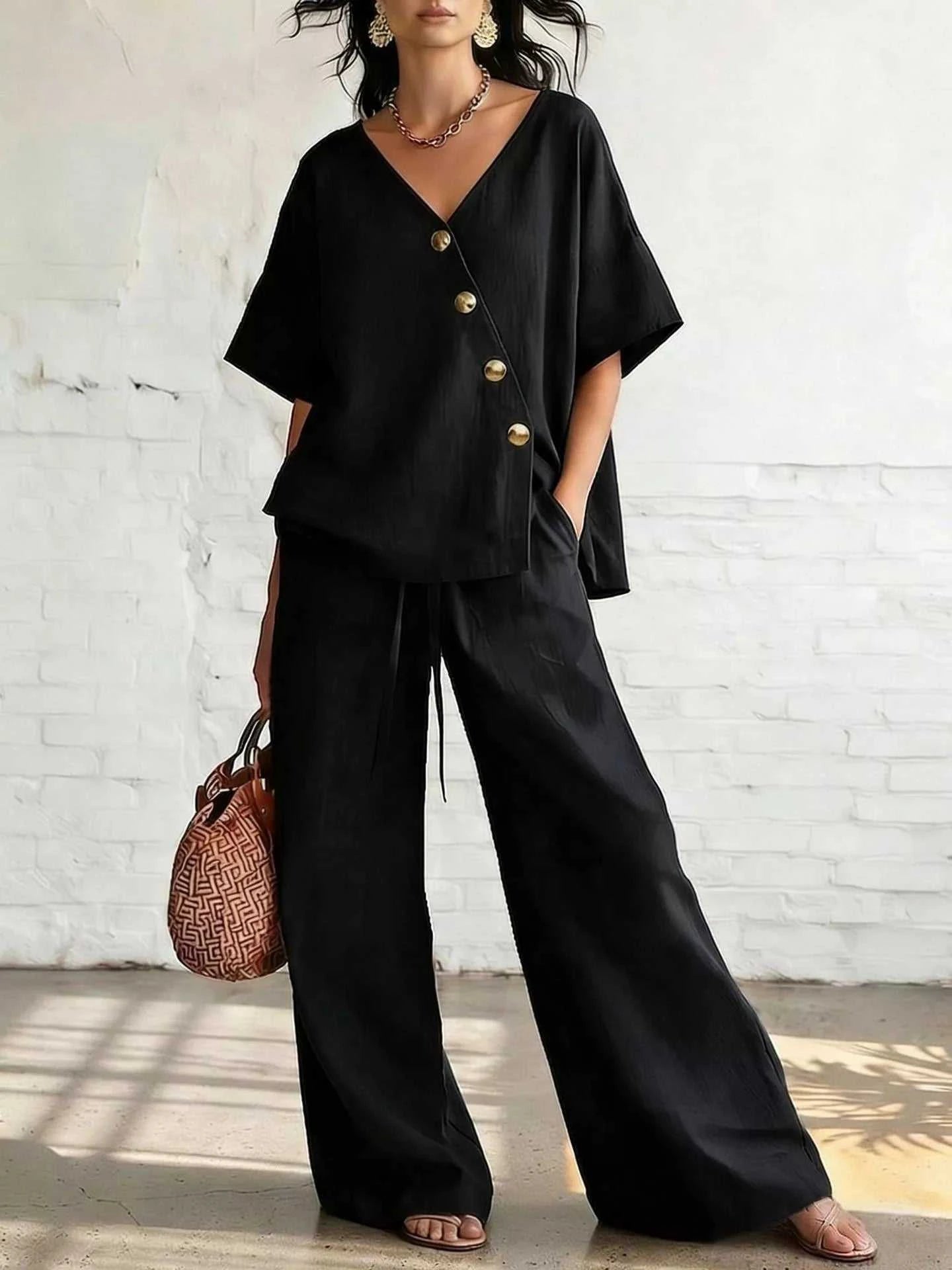 Full Size Surplice Half Sleeve Top and Wide-Leg Pants Set Plus Size - GlowUp Garments
