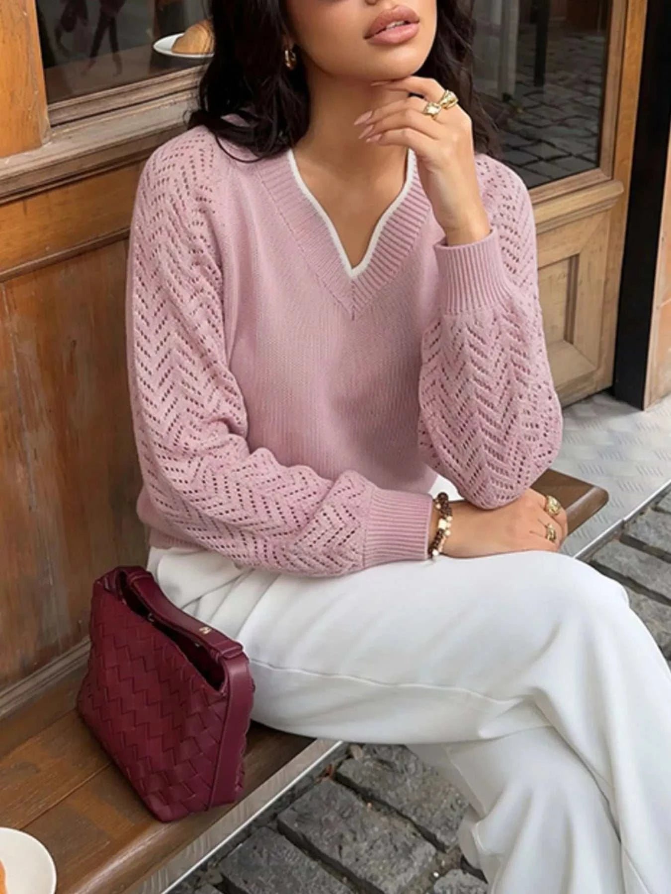 V-Neck Openwork Long Sleeve Sweater - GlowUp Garments