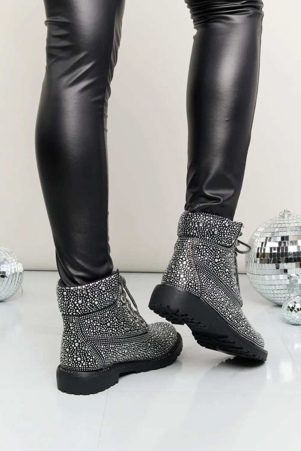 Forever Link Rhinestone Lace-Up Combat Boots - GlowUp Garments