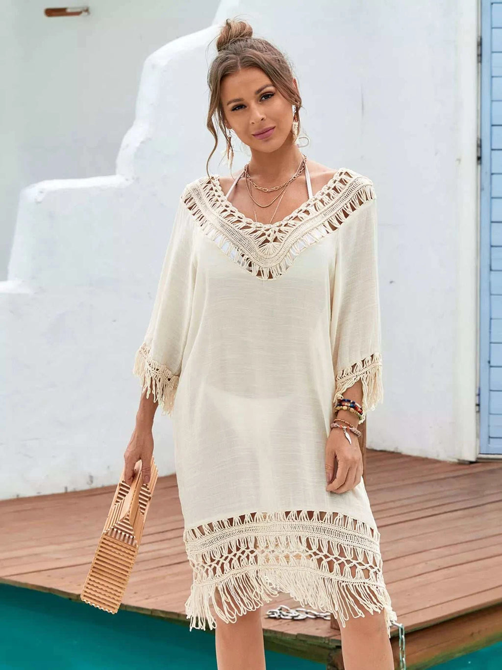 Fringe Crochet V-Neck Cover-Up Dress - GlowUp Garments