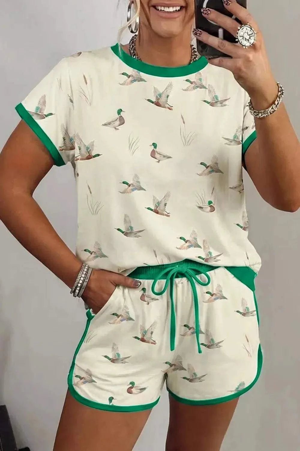 Mallard Printed Colorblock Trim Short Set - GlowUp Garments