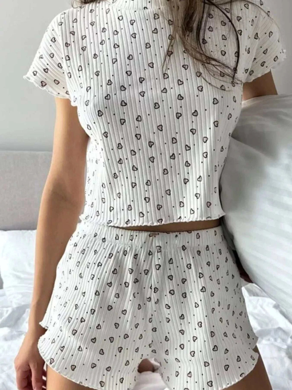 Heart Print Ribbed Knit Top and Shorts Lounge Set - GlowUp Garments
