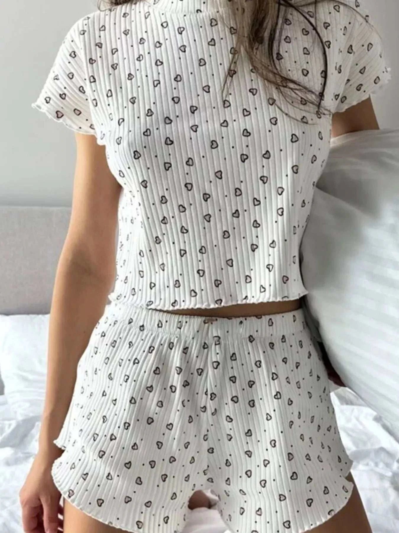 Heart Print Ribbed Knit Top and Shorts Lounge Set - GlowUp Garments