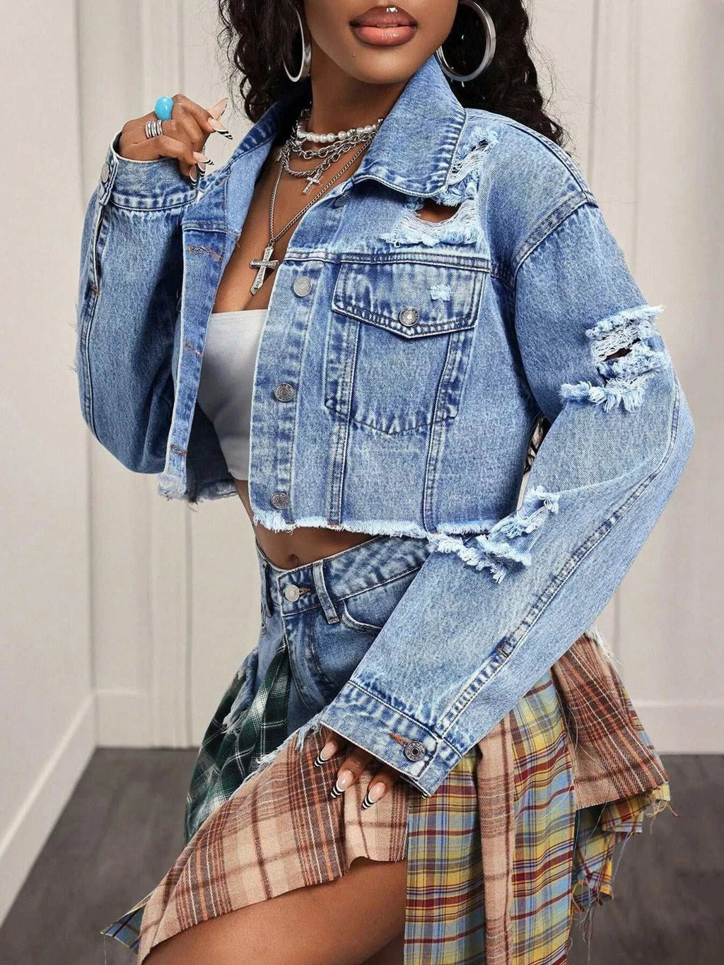 Distressed Cropped Denim Jacket - GlowUp Garments