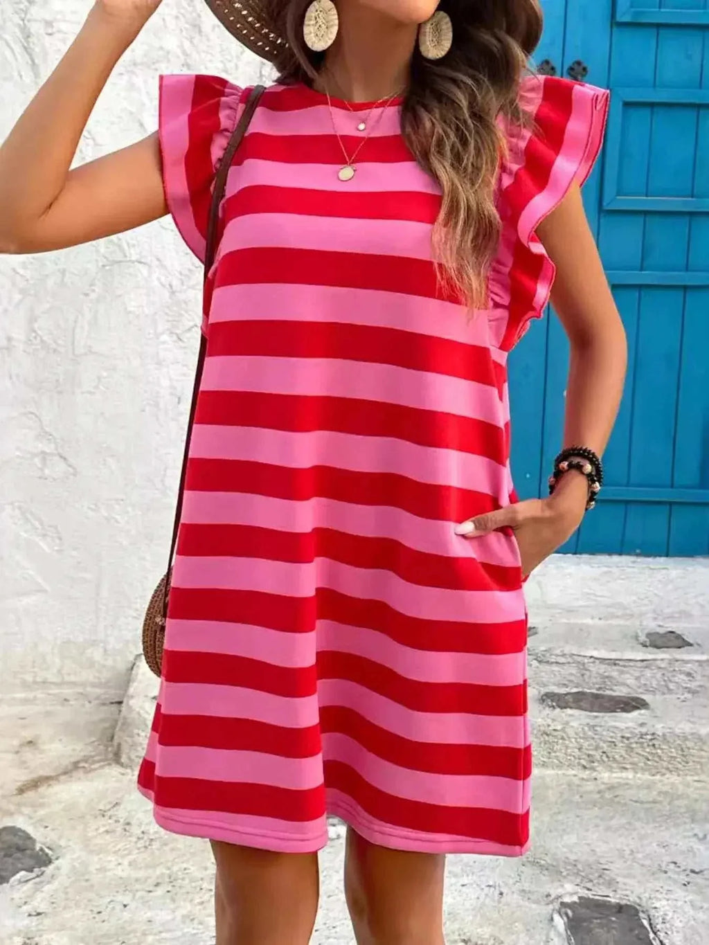 Striped Ruffle Sleeve Casual Summer Dress - GlowUp Garments