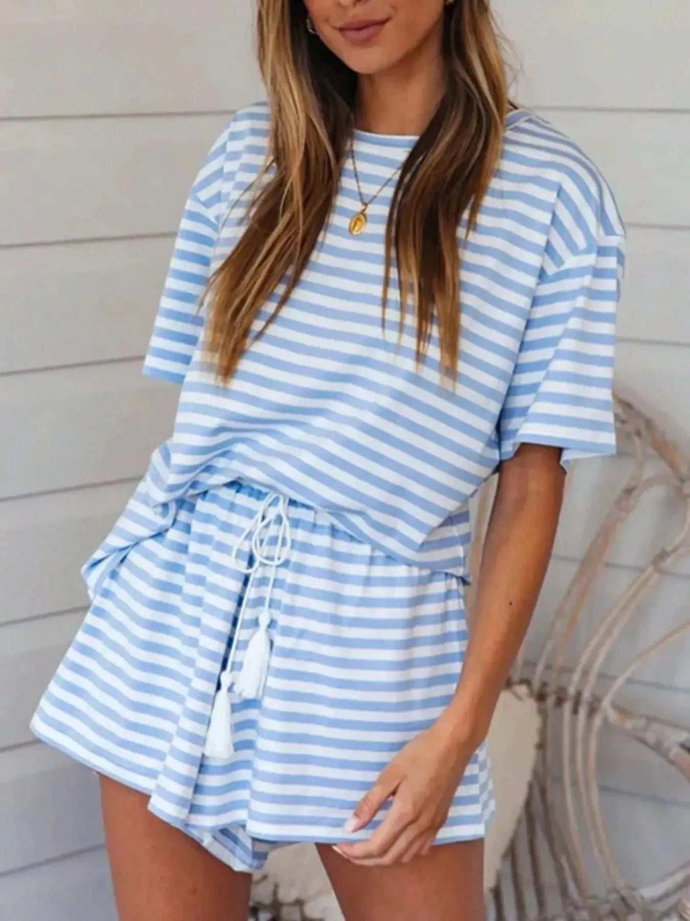 Striped Short Sleeve Tee and Drawstring Shorts Set - GlowUp Garments
