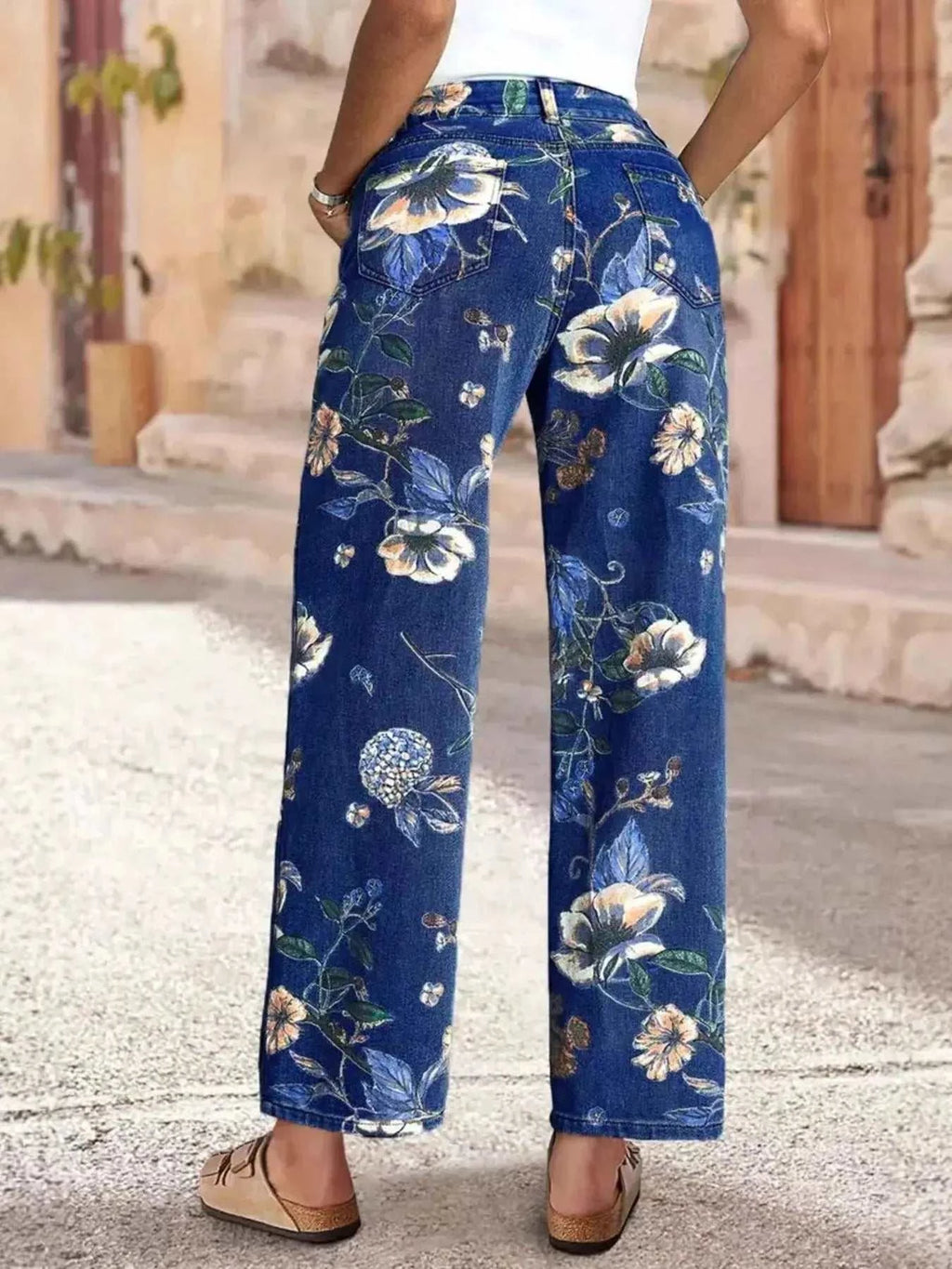 Floral Print Wide Leg Jeans - GlowUp Garments