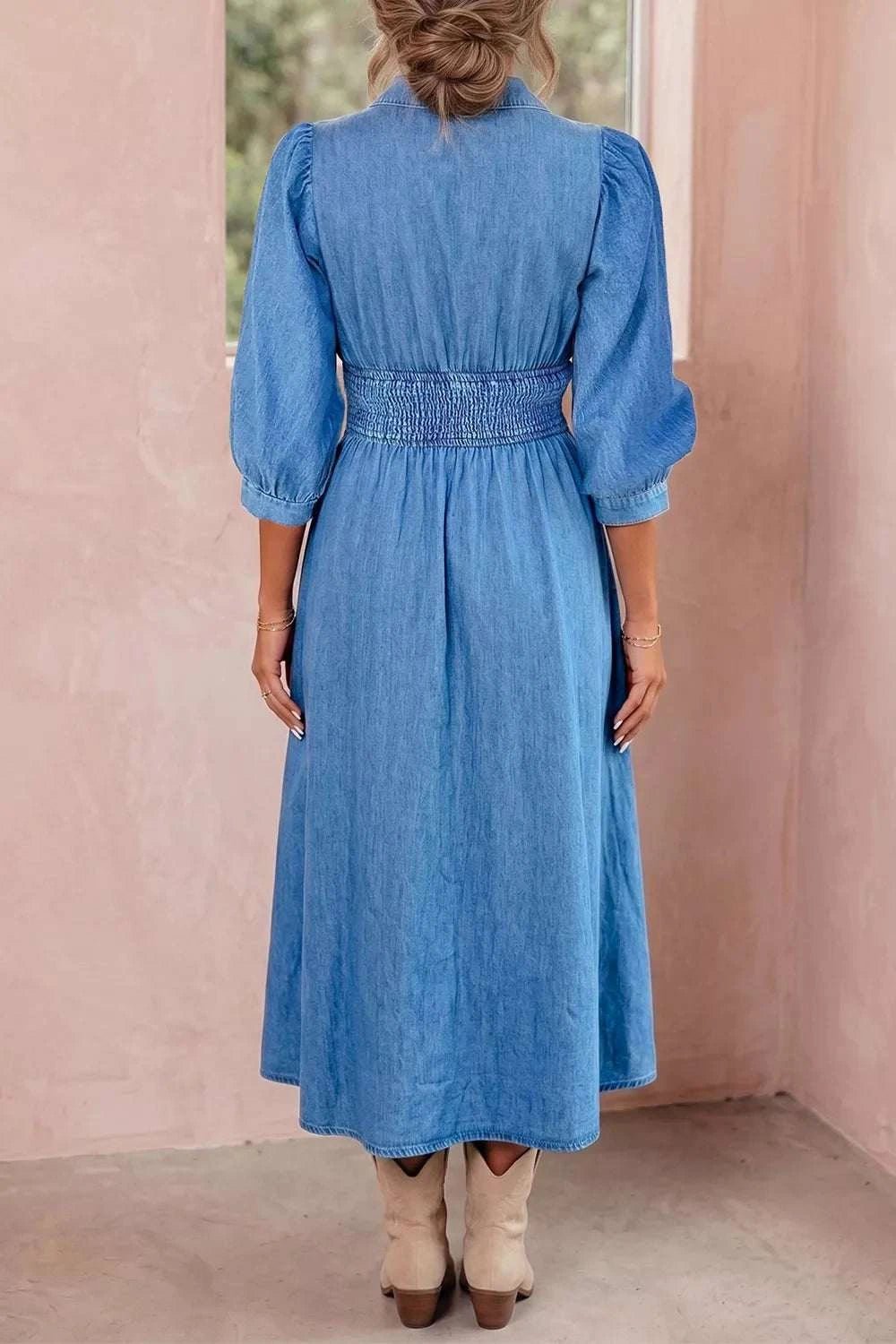 V Neck Shirred Waist Metal Zipper Denim Midi Dress - GlowUp Garments