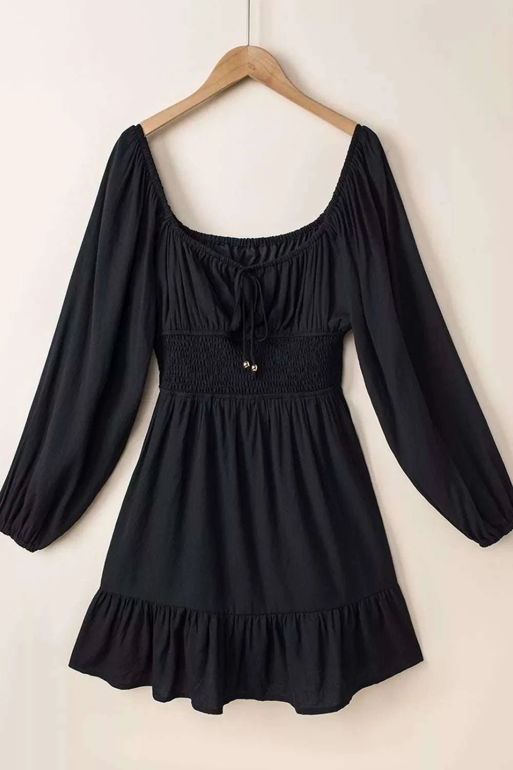 Solid Color Long Sleeve Shirred Drawstring Ruffle Mini Dress - GlowUp Garments