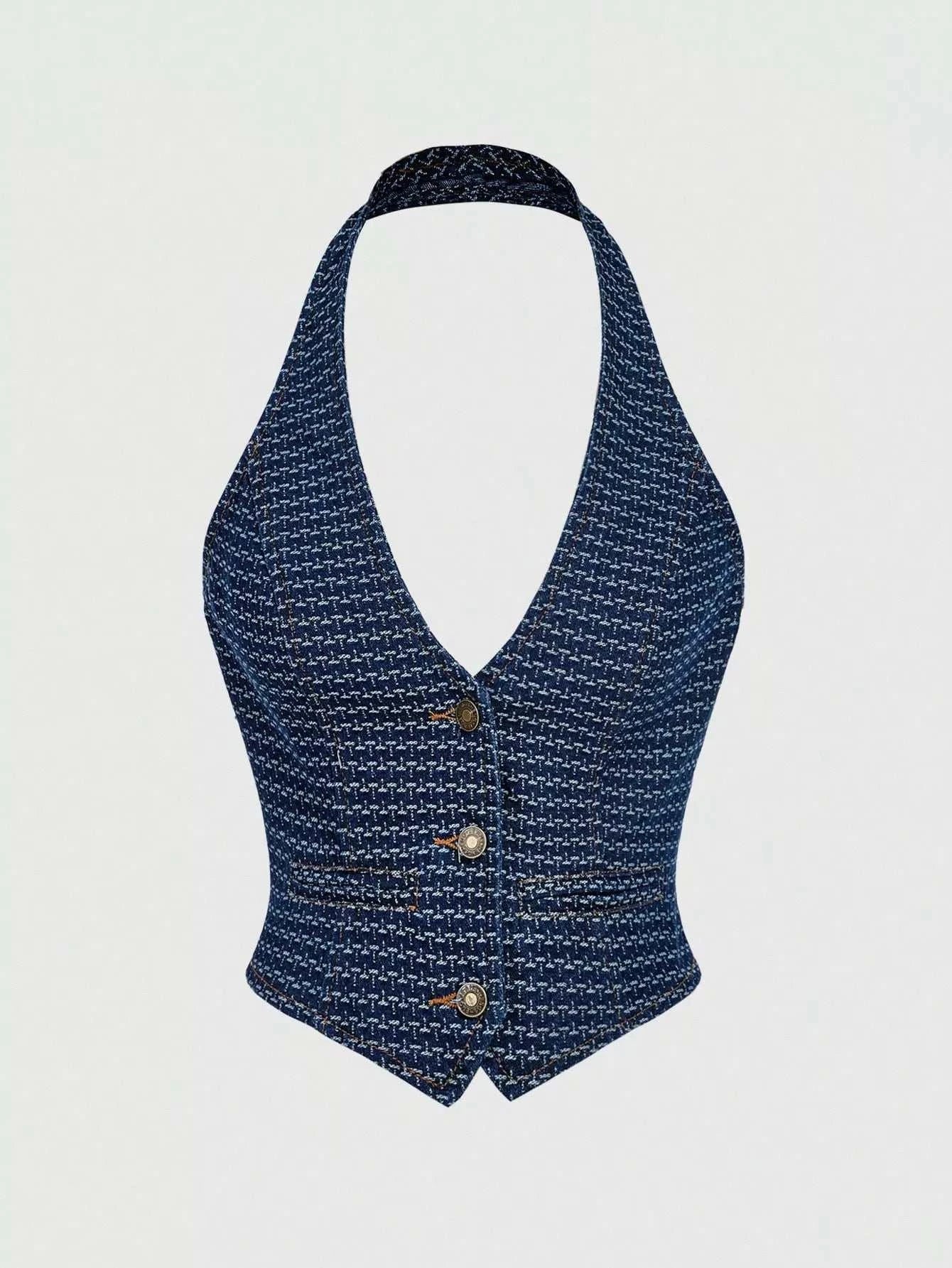 Halter Neck Denim Vest and Wide-Leg Jeans Set - GlowUp Garments