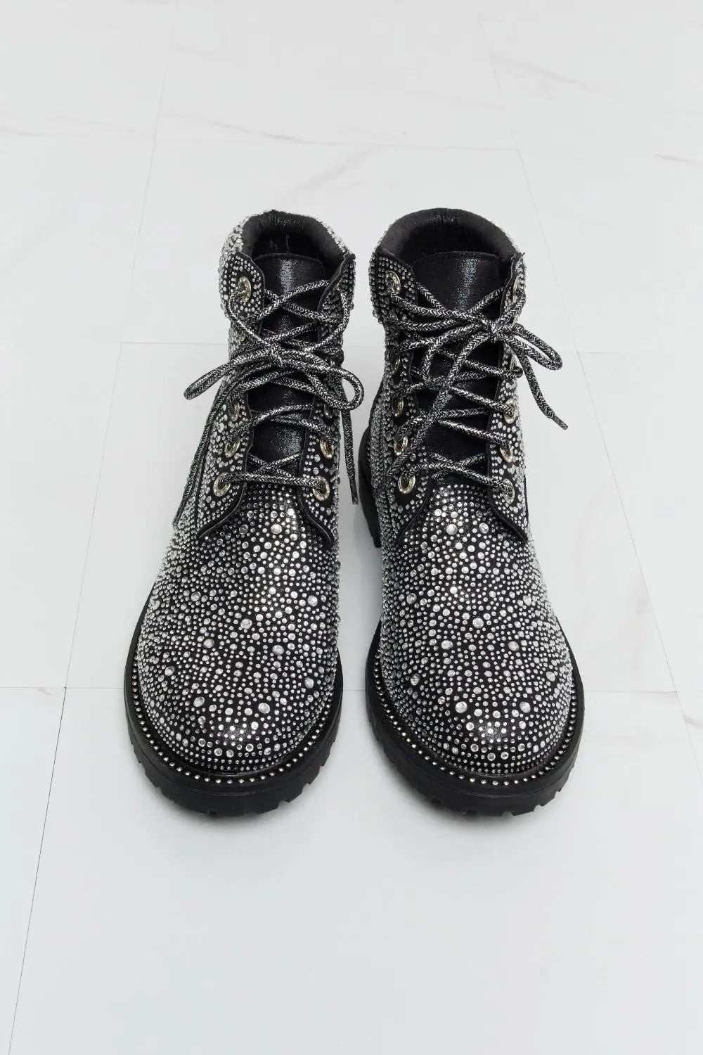 Forever Link Rhinestone Lace-Up Combat Boots - GlowUp Garments