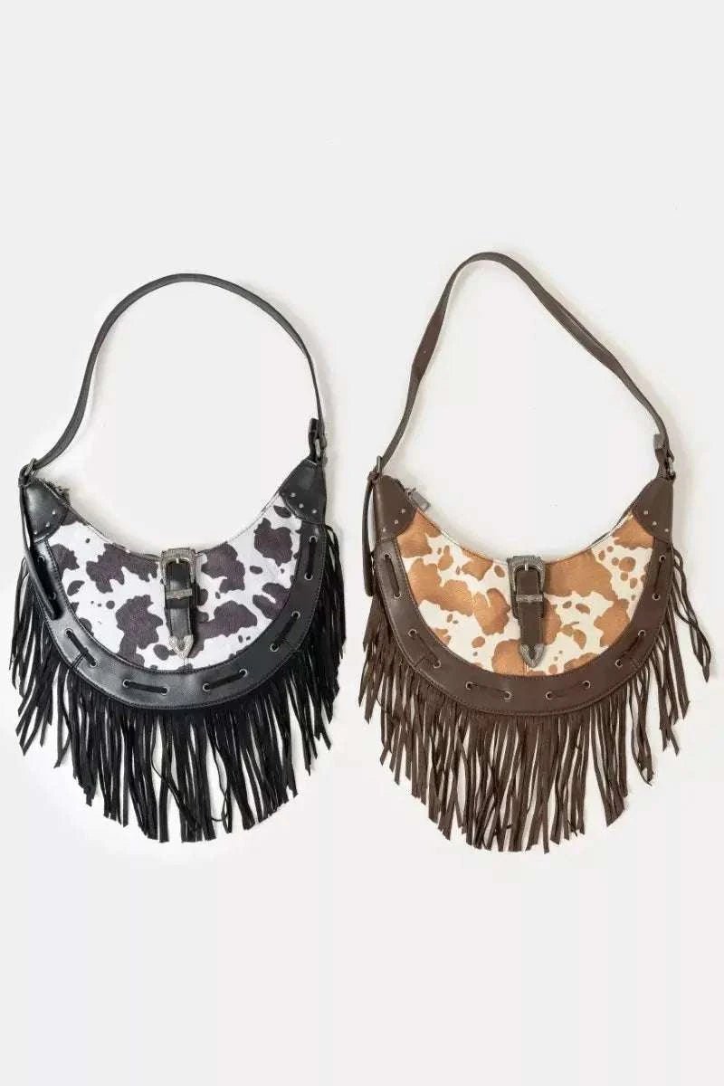 Cow Print Faux Leather Fringe Hobo Bag - GlowUp Garments