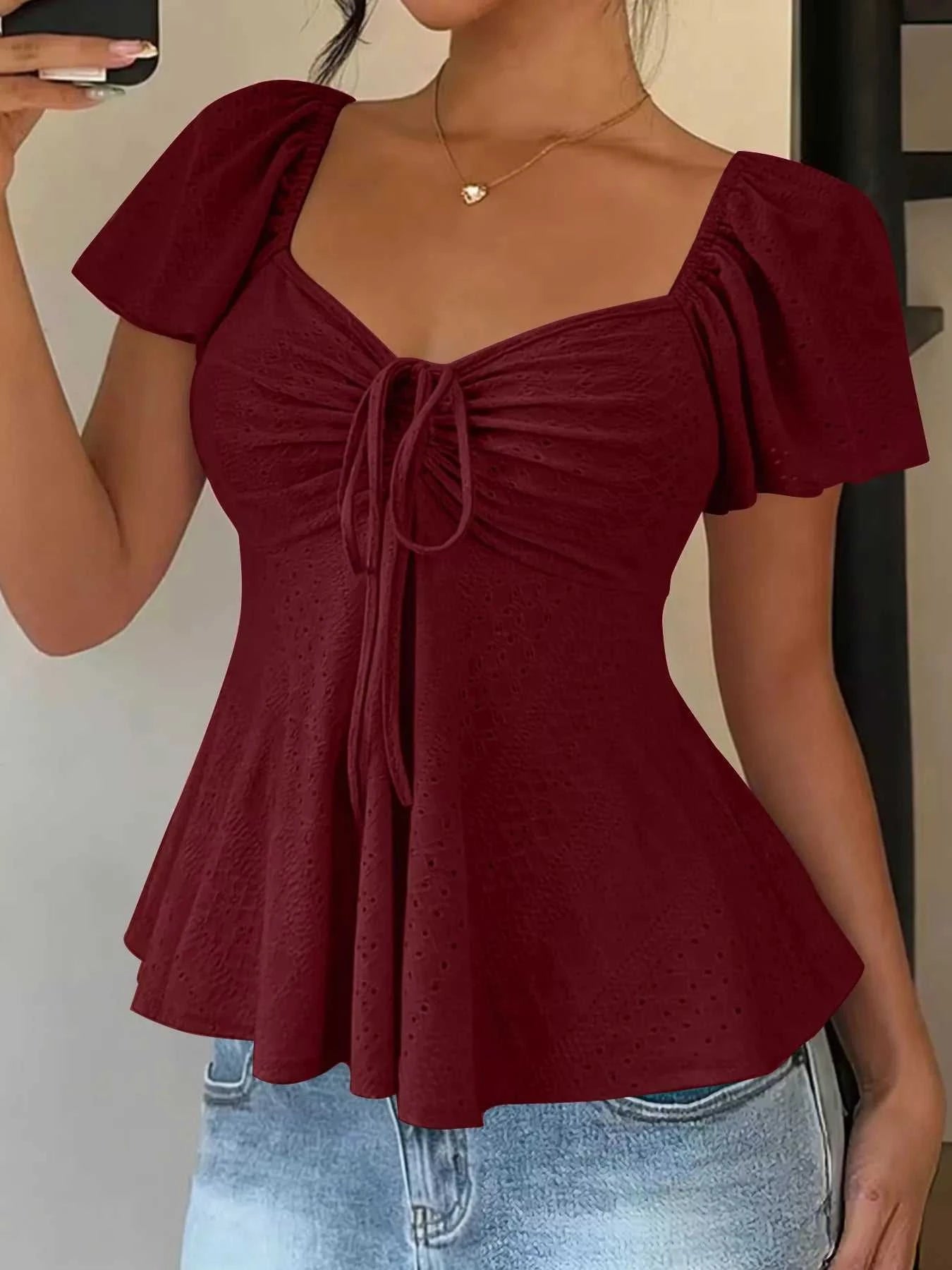 Sweetheart Neck Flutter Sleeve Top - GlowUp Garments
