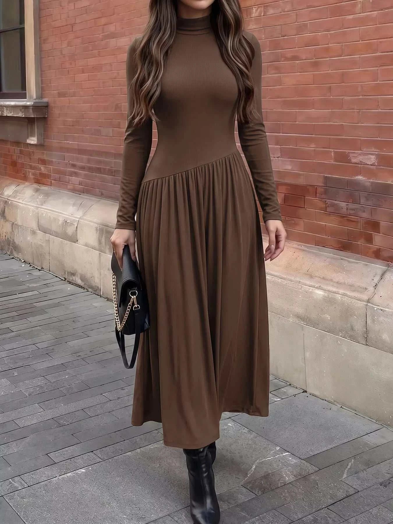 Mock Neck Long Sleeve Midi Dress - GlowUp Garments
