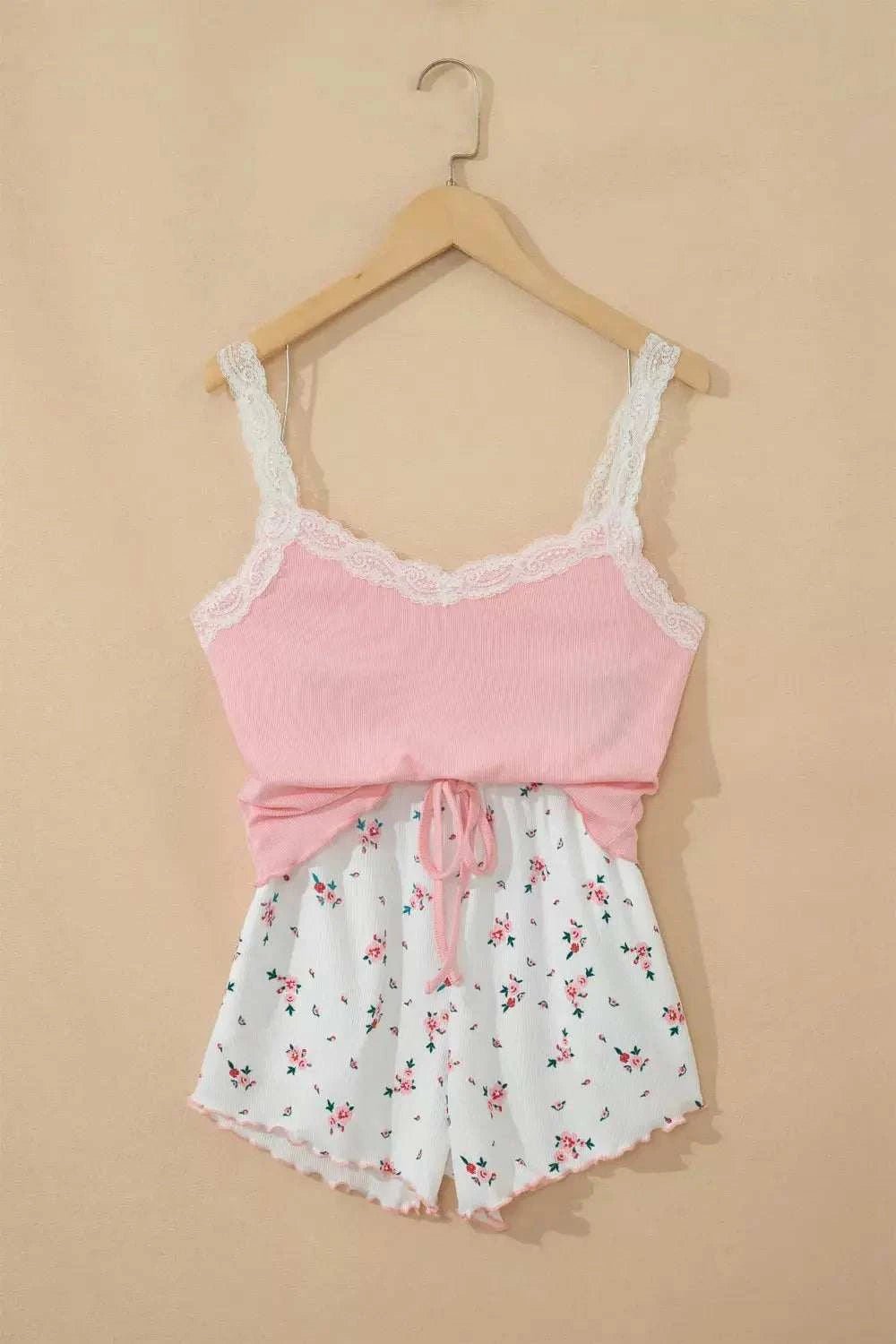 Ribbed Knit Lace Straps Patchwork Lettuce Hem Cropped Top Floral Short Lounge Set - GlowUp Garments