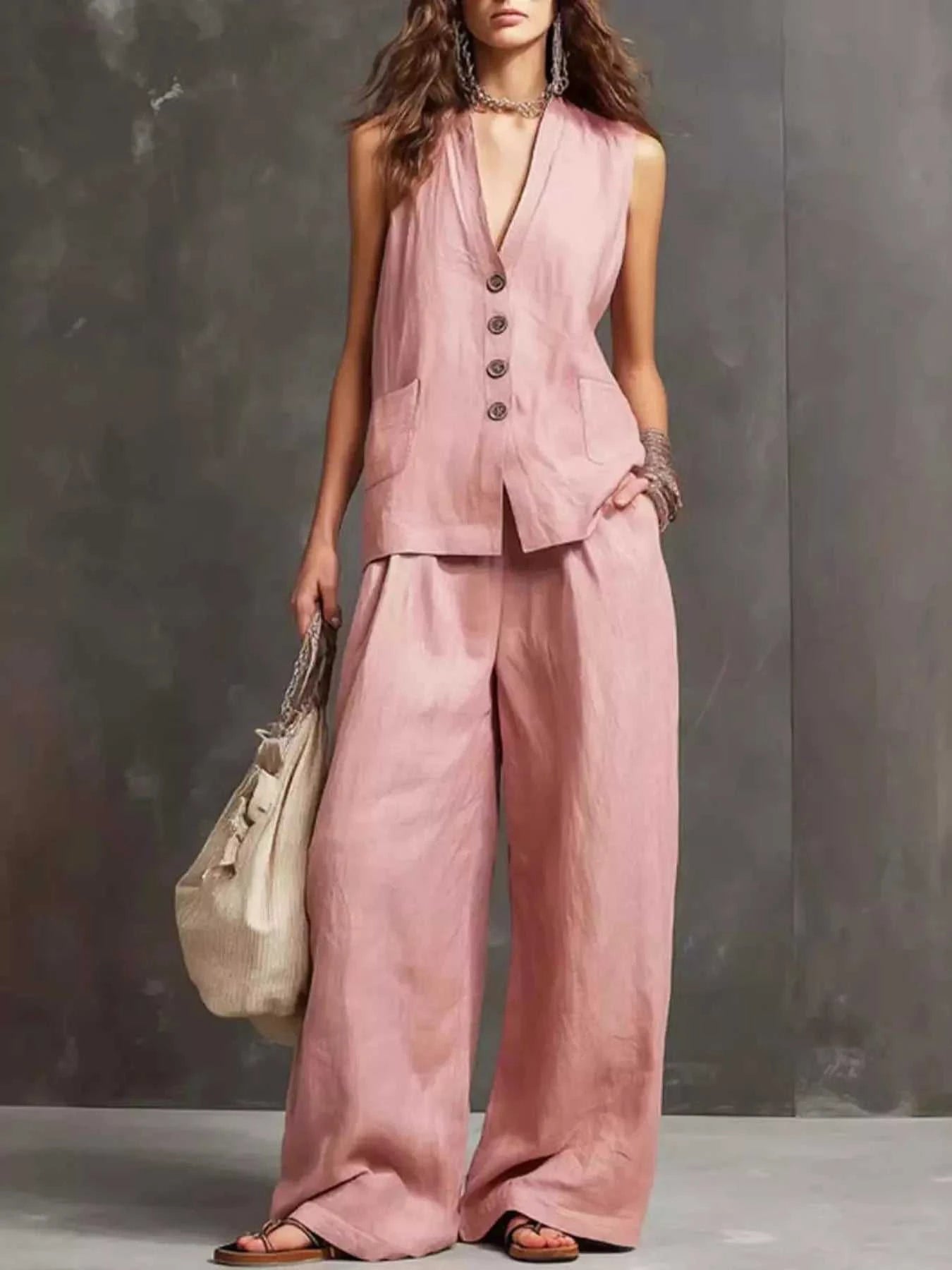 Full Size Sleeveless Vest and Wide-Leg Pants Set Plus SIze - GlowUp Garments