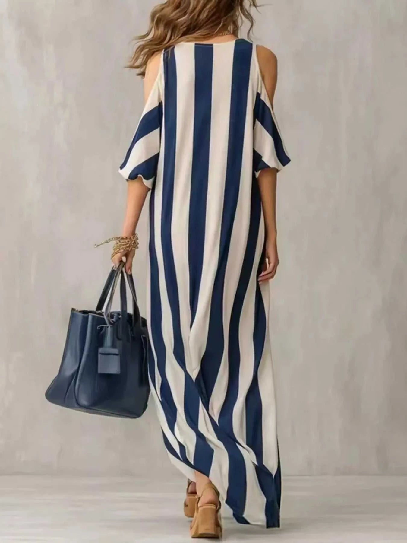 Striped Cold Shoulder Maxi Dress - GlowUp Garments