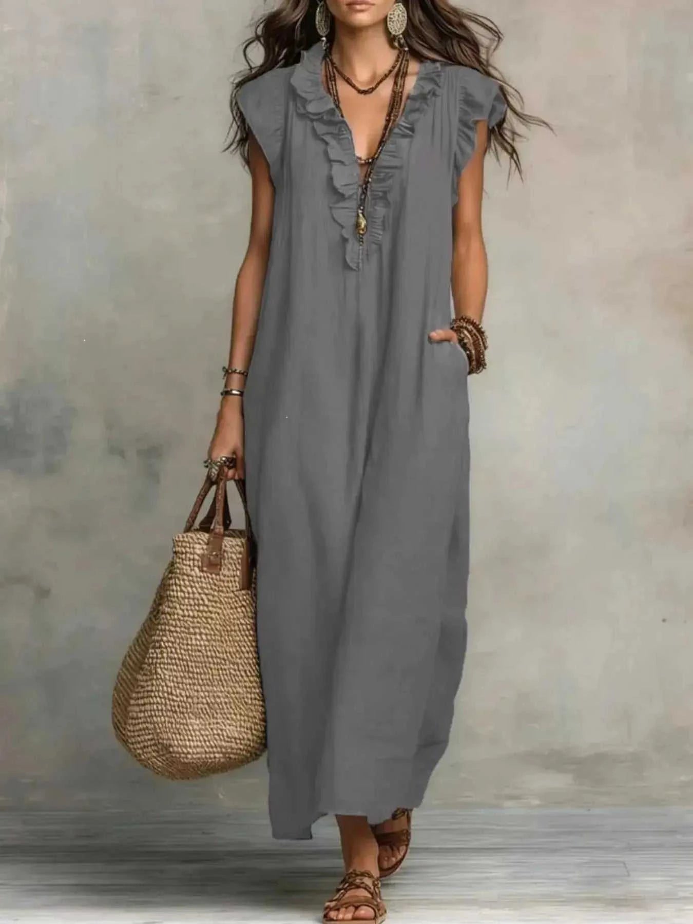 Full Size Ruffled V-Neck Cap Sleeve Maxi Dress Plus Size - GlowUp Garments