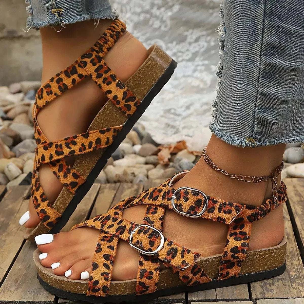Leopard Buckle Platform Sandals - GlowUp Garments
