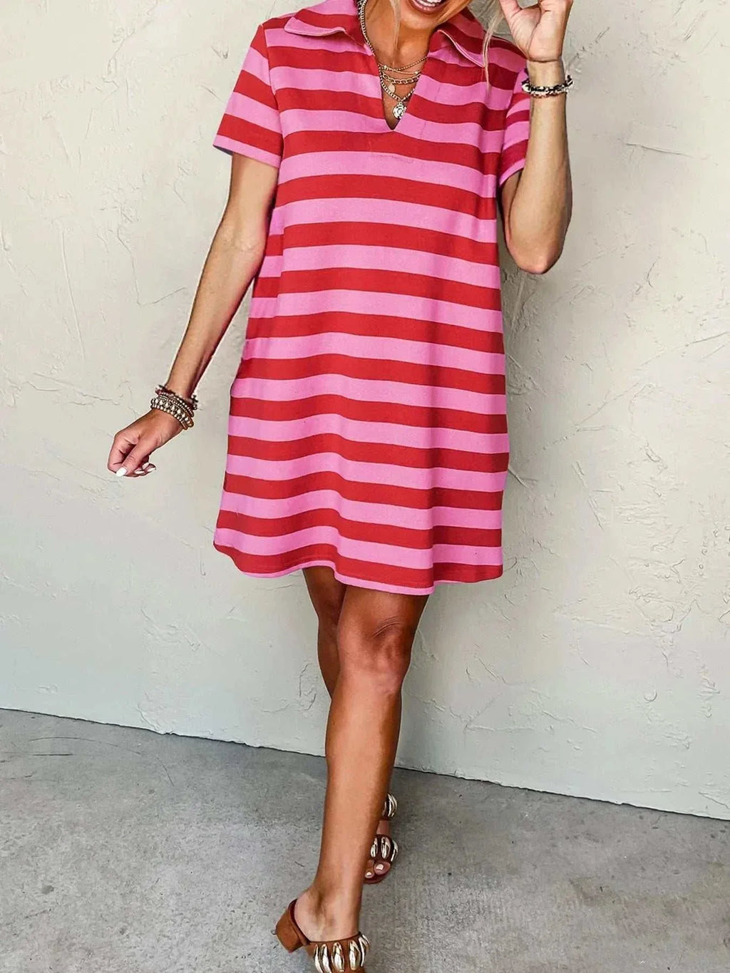 Striped Johnny Collar Short Sleeve Dress - GlowUp Garments