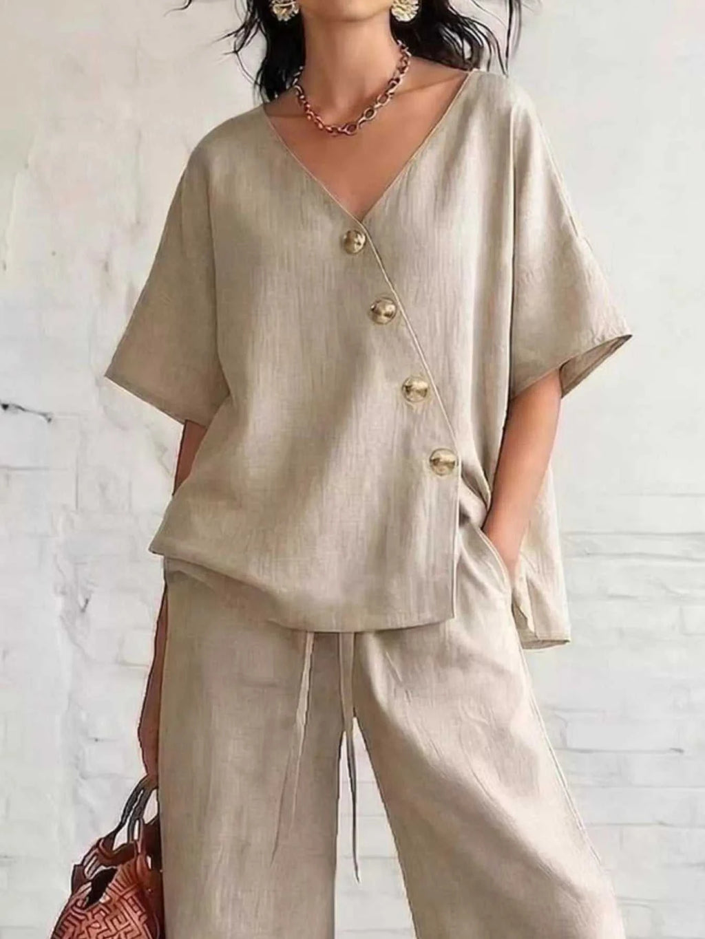 Full Size Surplice Half Sleeve Top and Wide-Leg Pants Set Plus Size - GlowUp Garments