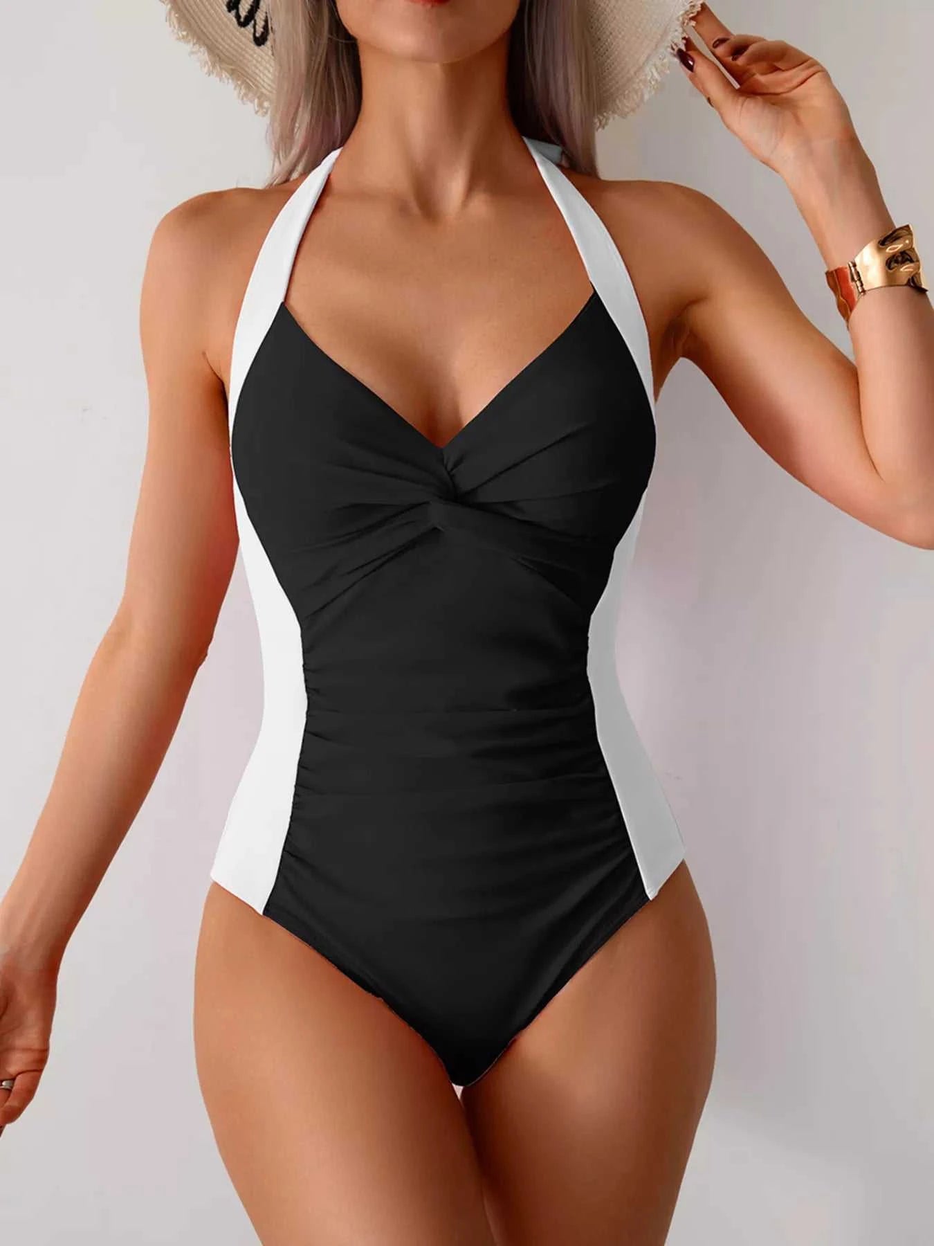Twisted Front Halter Neck Ruched One-Piece Swimsuit - GlowUp Garments