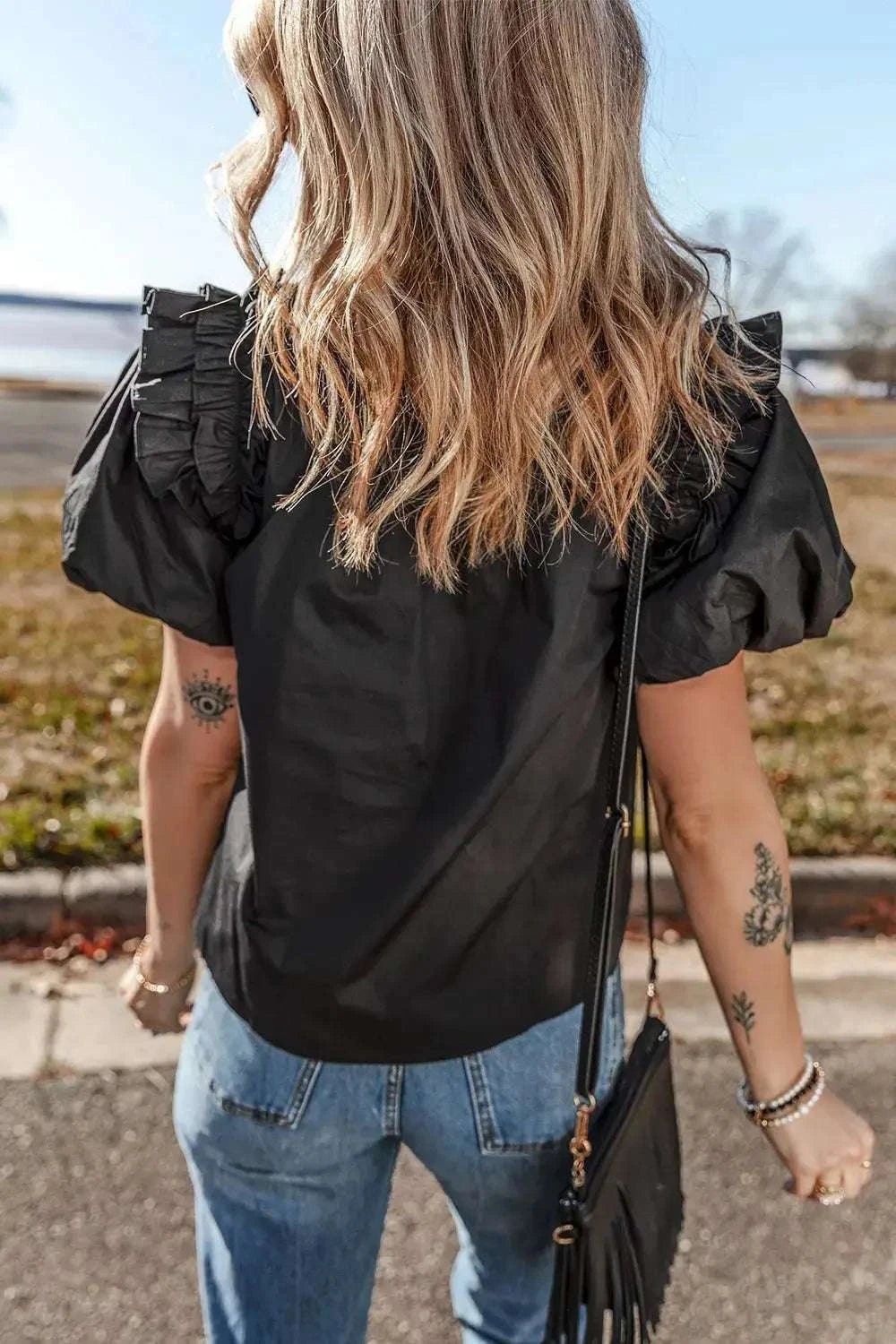 Ruffled Puff Short Sleeve Loose Blouse - GlowUp Garments