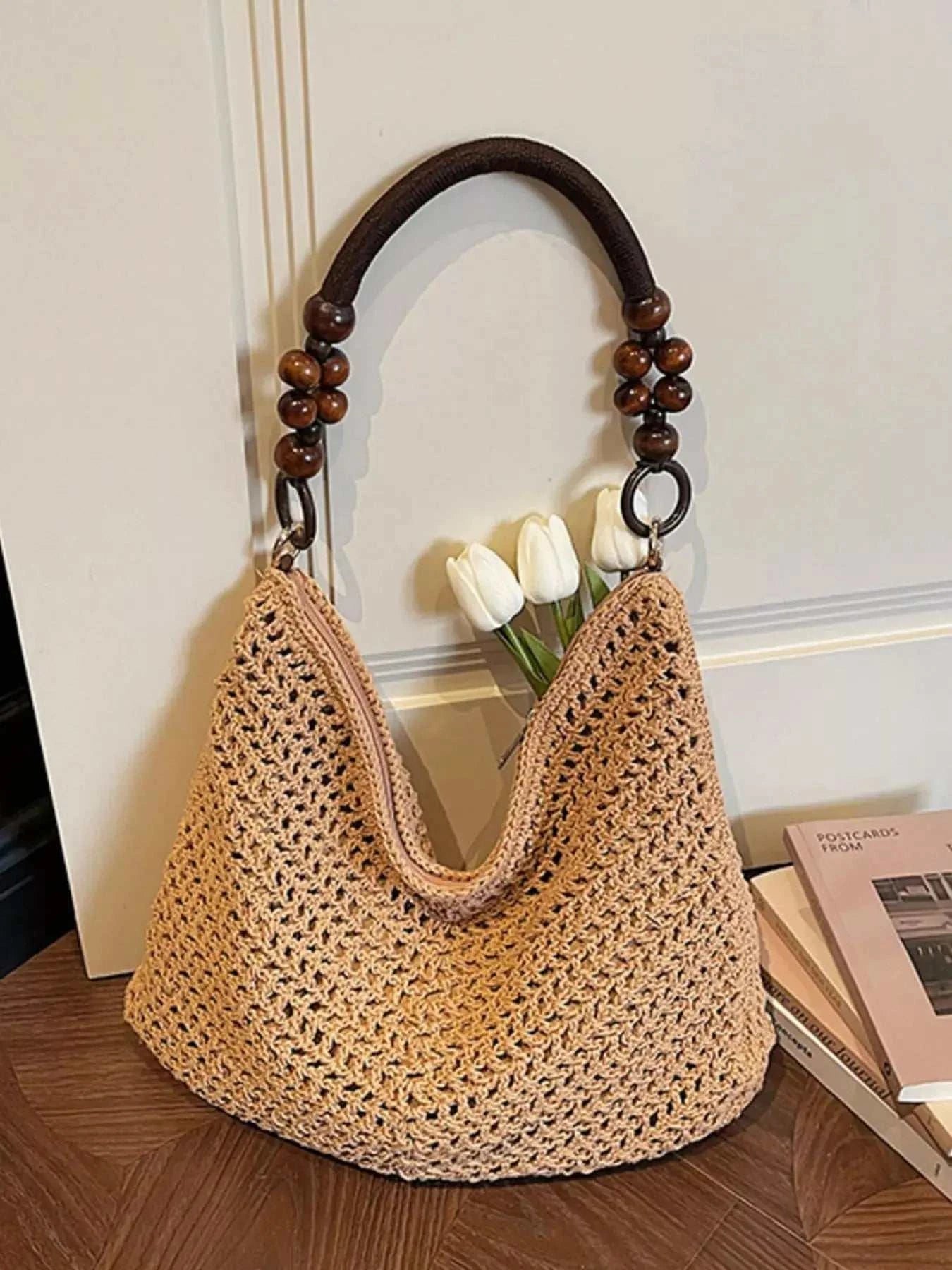 Knitted Shoulder Bag with Wooden Bead Handle - GlowUp Garments