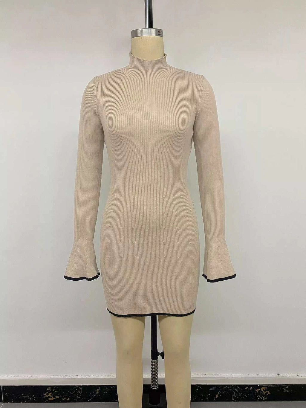 Ribbed Mock Neck Flare Sleeve Sweater Dress - GlowUp Garments