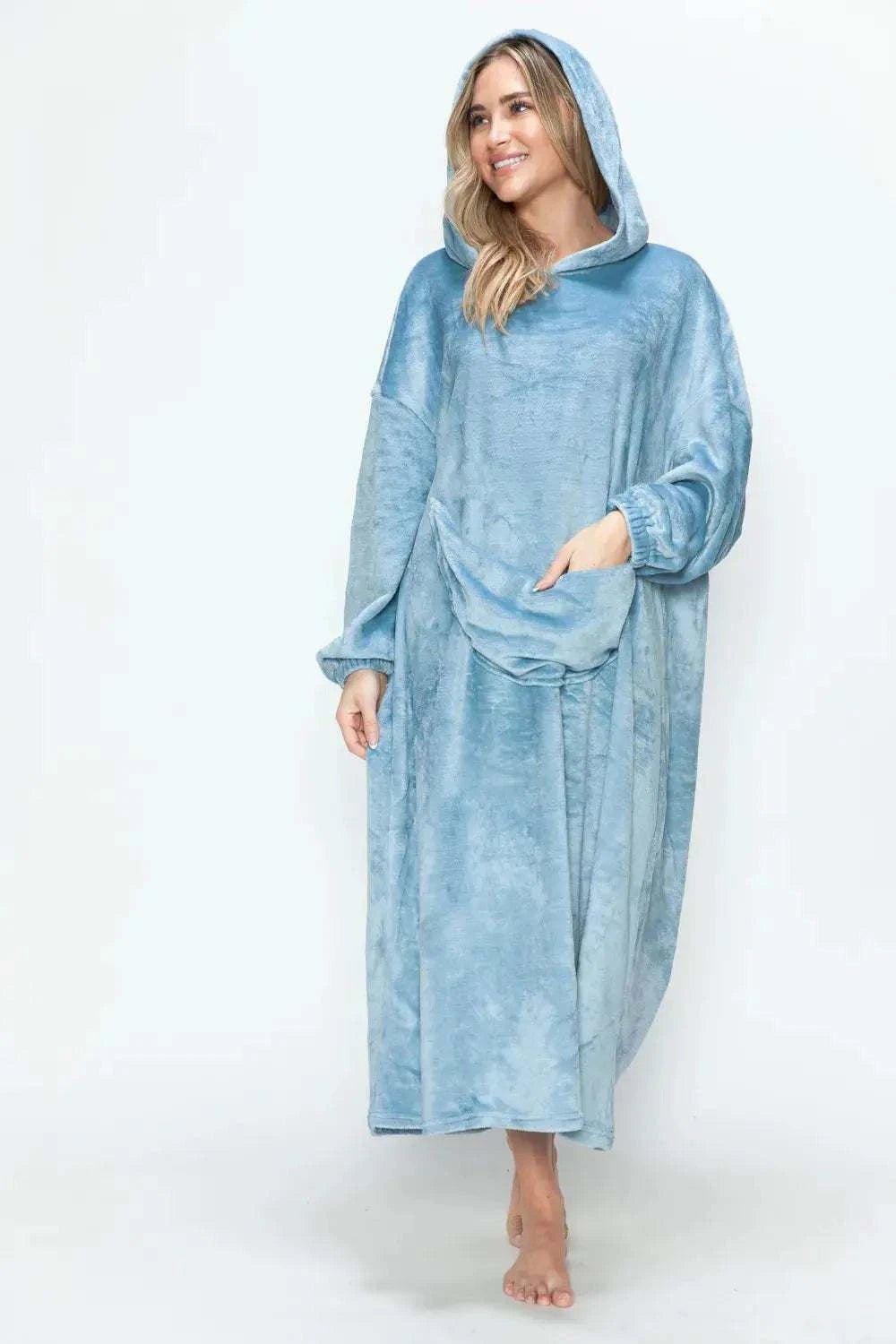Double Take Full Size Pocketed Hooded Midi Lounge Dress - GlowUp Garments