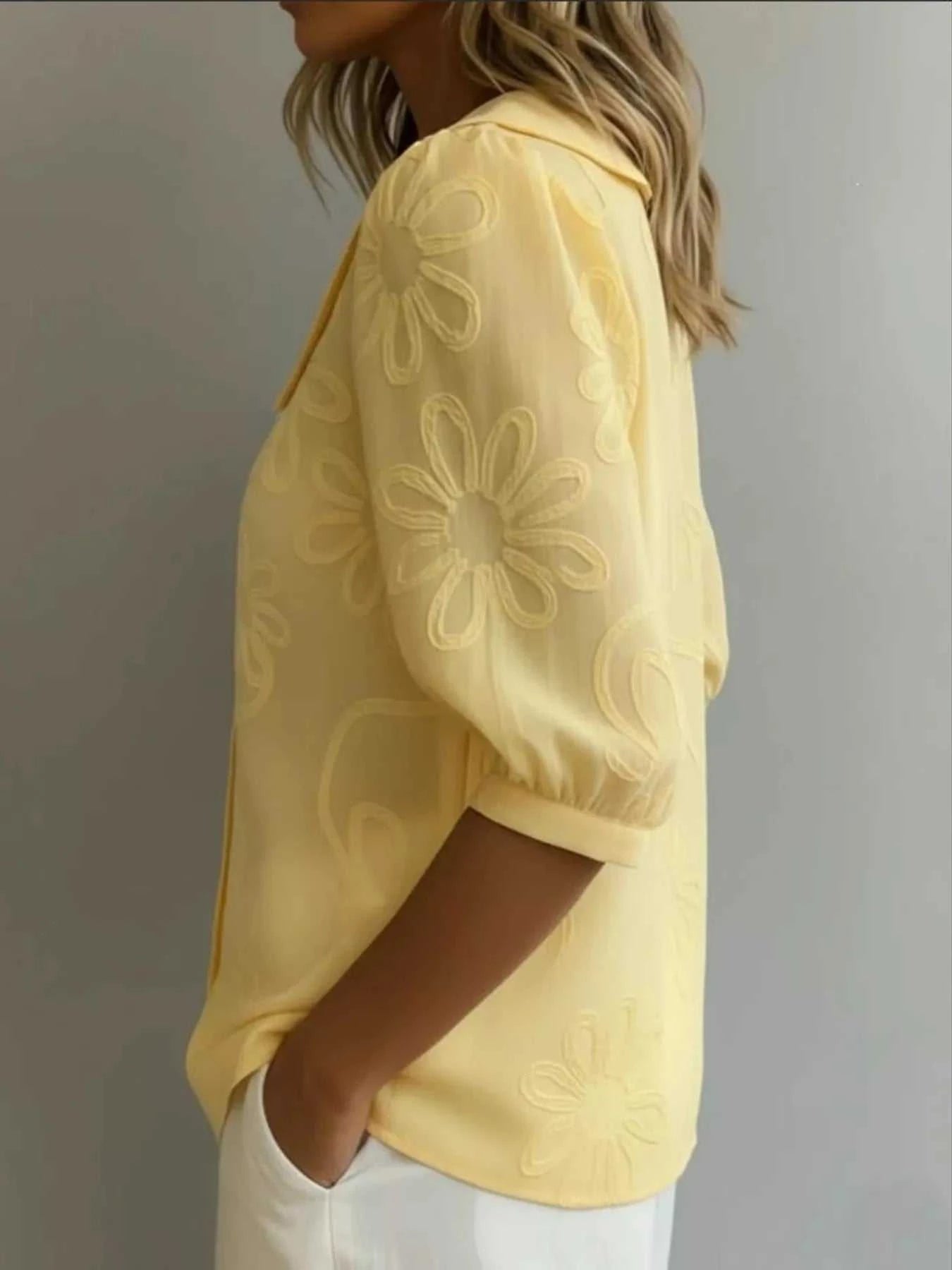 Full Size Flower Puff Sleeve Shirt Plus Size - GlowUp Garments