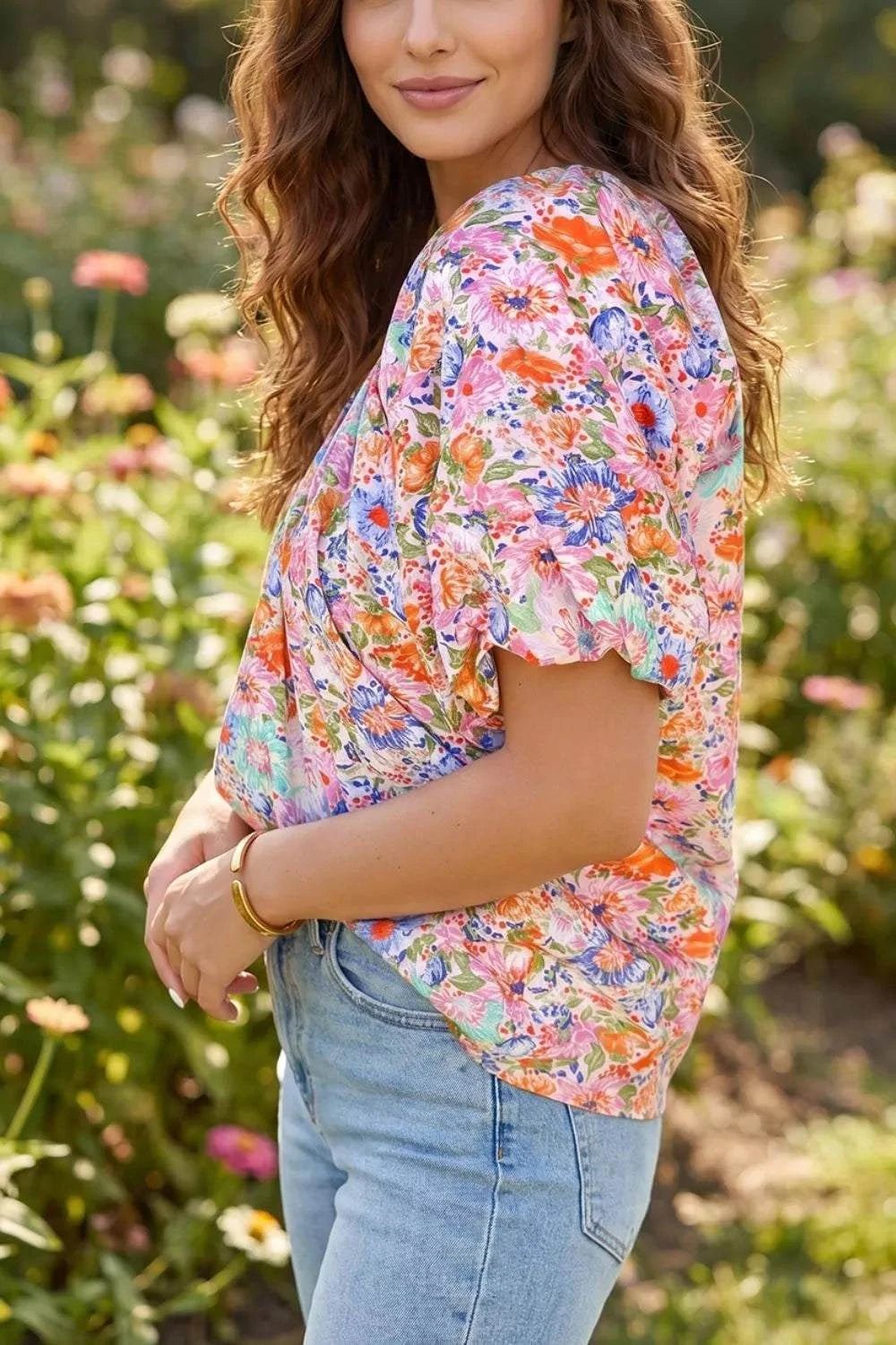 Floral Print Puff Sleeve Blouse - GlowUp Garments