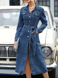 Belted Long Sleeve Denim Dress - GlowUp Garments