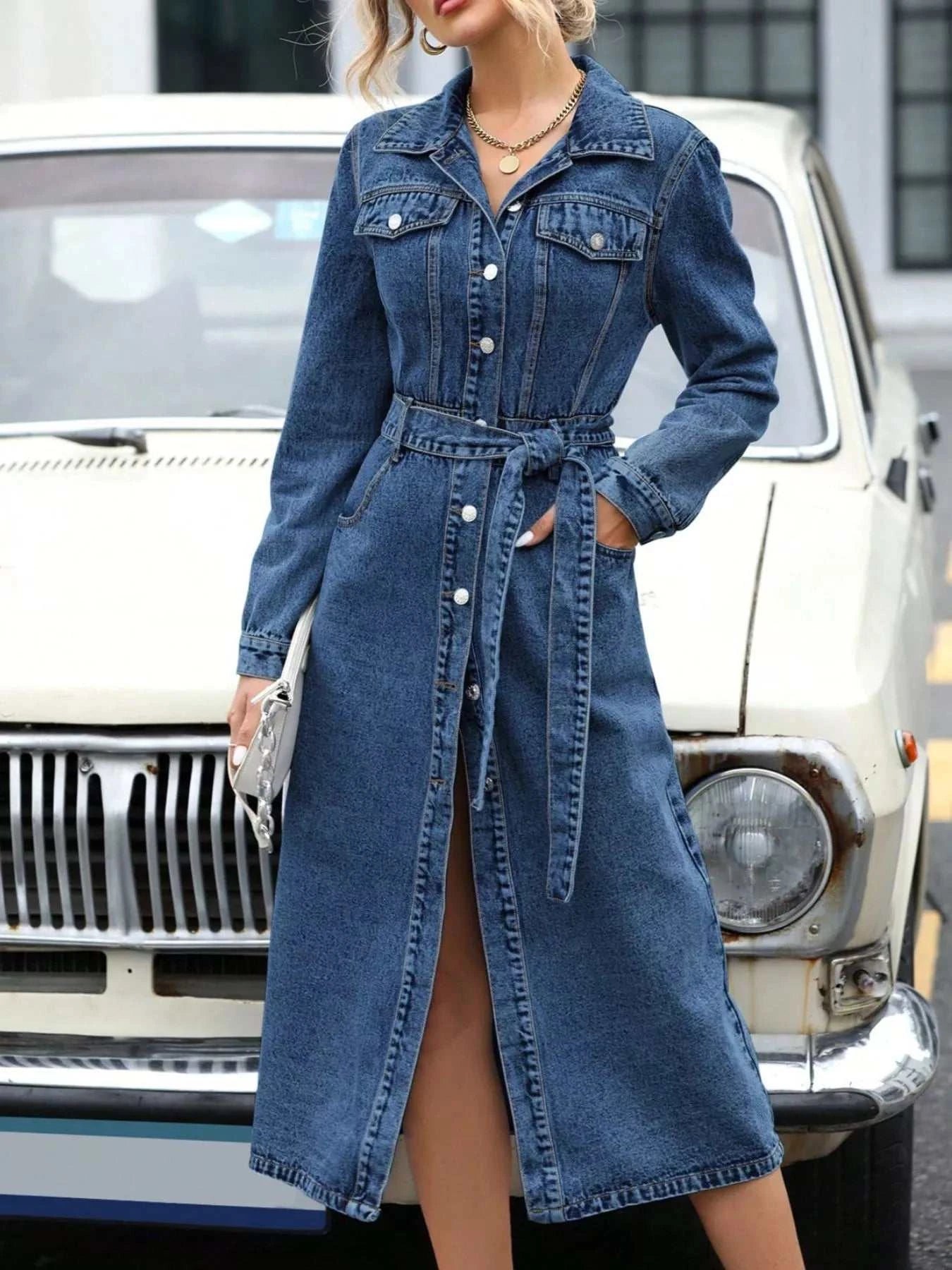 Belted Long Sleeve Denim Dress - GlowUp Garments
