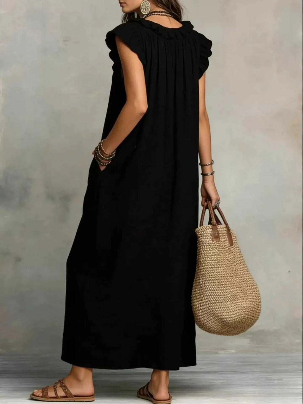 Full Size Ruffled V-Neck Cap Sleeve Maxi Dress Plus Size - GlowUp Garments