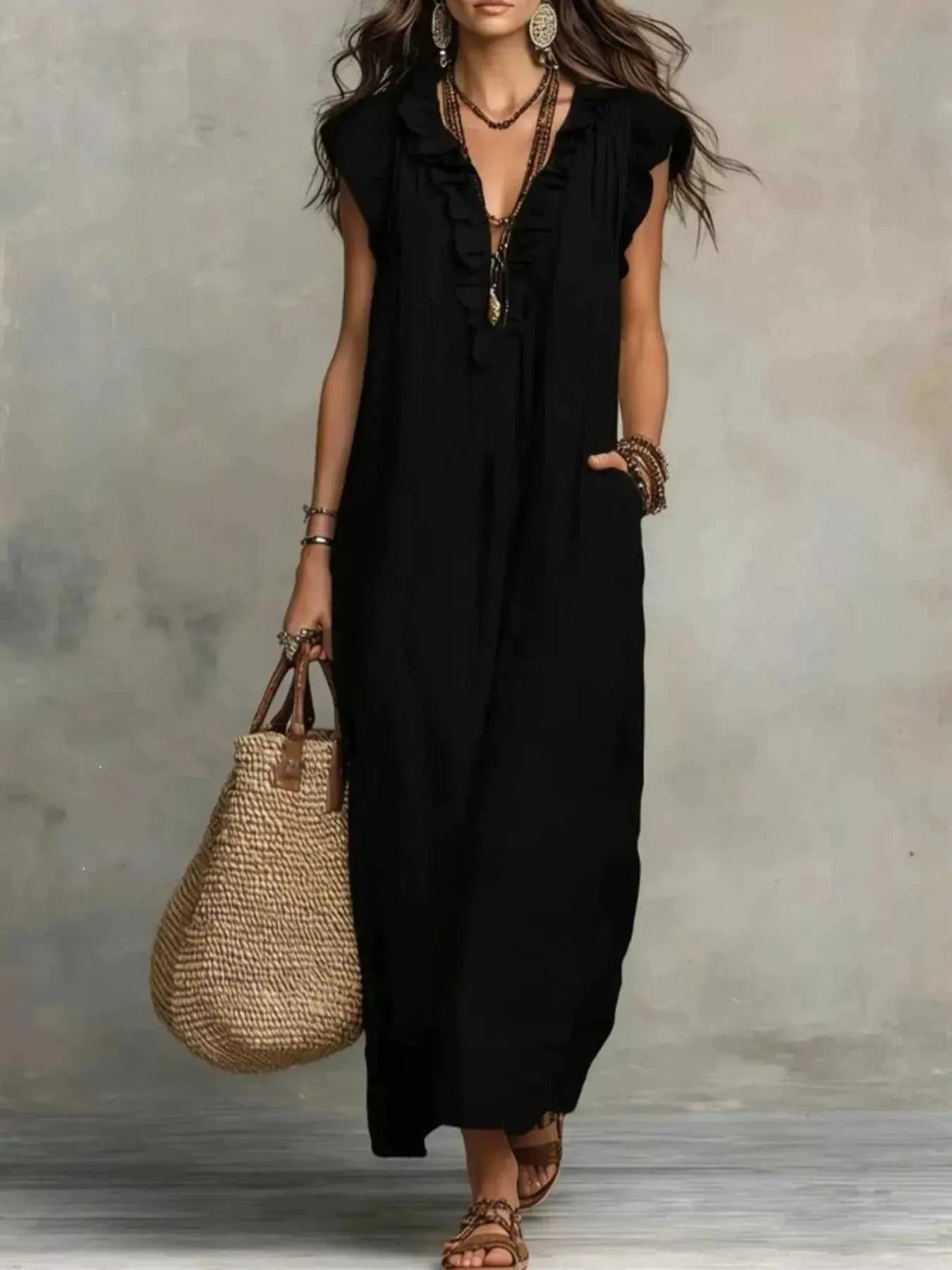 Full Size Ruffled V-Neck Cap Sleeve Maxi Dress Plus Size - GlowUp Garments